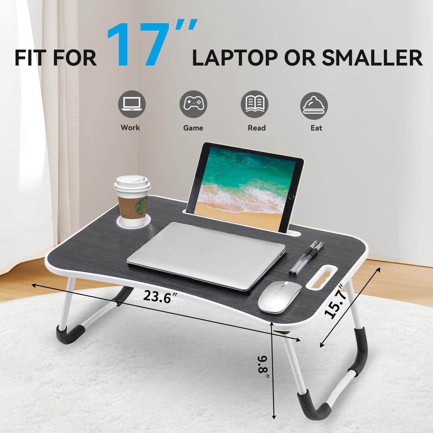 BUYIFY Folding Lap Desk, 23 Inch Portable Wood Black Laptop Bed Desk Lap Desk with Cup Holder, for Working Reading Writing, Eating, Watching Movies for Bed Sofa Couch Floor