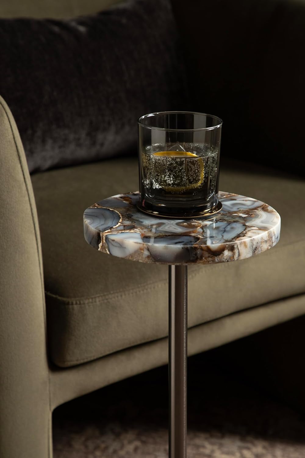 Kate and Laurel Sitara Modern Coastal Round Drink Table, 8 x 8 x 23, Blue Agate and Silver, Unique Circle Stone Mini Table for Use as Bathroom Accent Table or Pedestal Martini Tabl
