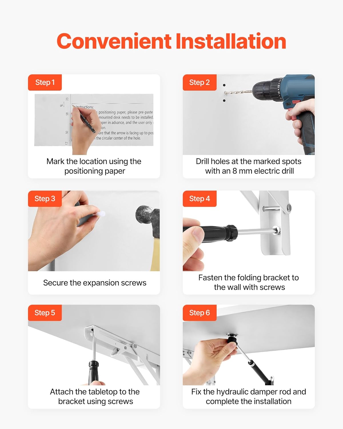 VEVOR Wall Mounted Folding Table, 39.4 x 19.7 inches Wall Mount Table, Floating Desk with Iron Bracket for Small Spaces, Home Office, Dining, Laundry Room, Kitchen, Bar, White