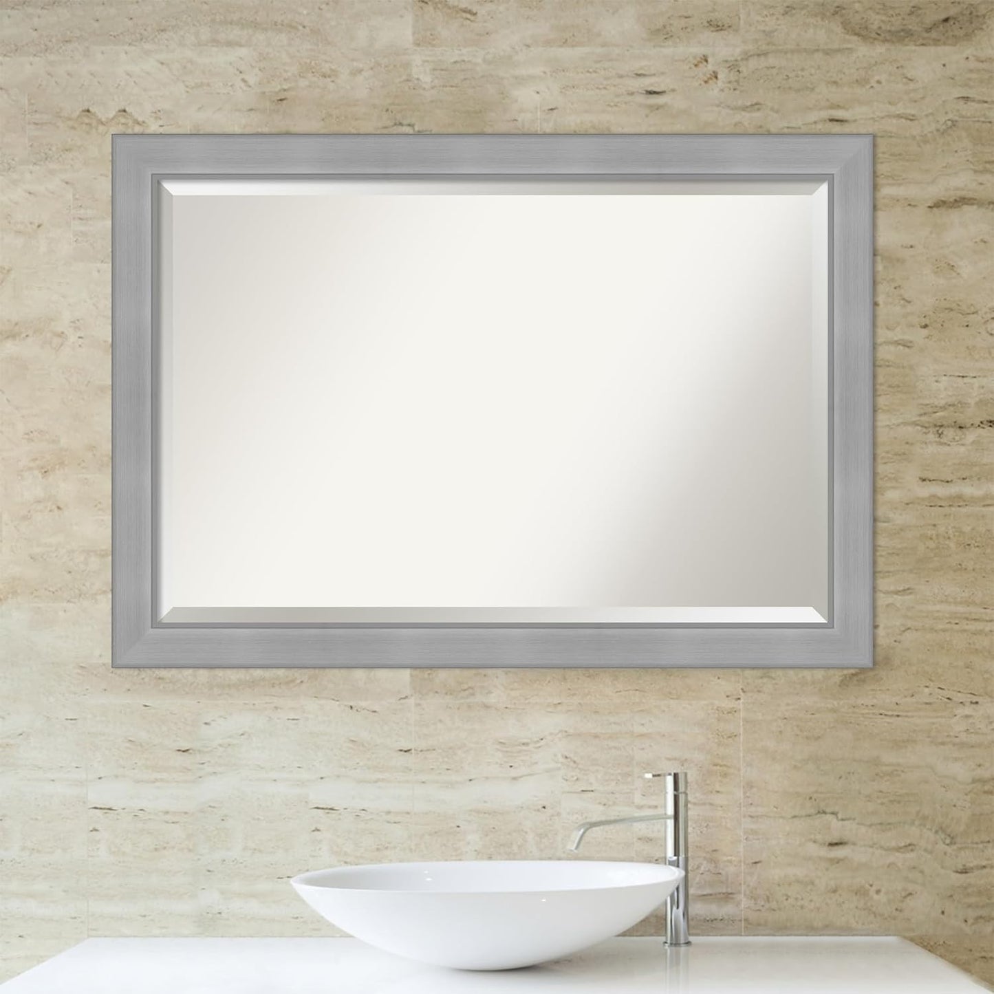 Amanti Art Silver Bathroom Mirror for Over Sink, 28x40 Vista Brushed Nickel Rectangle Vanity Mirror, Large Casual Frame, Hangs Horizonally and Vertically, Bathroom Wall Decor, Beveled Edge