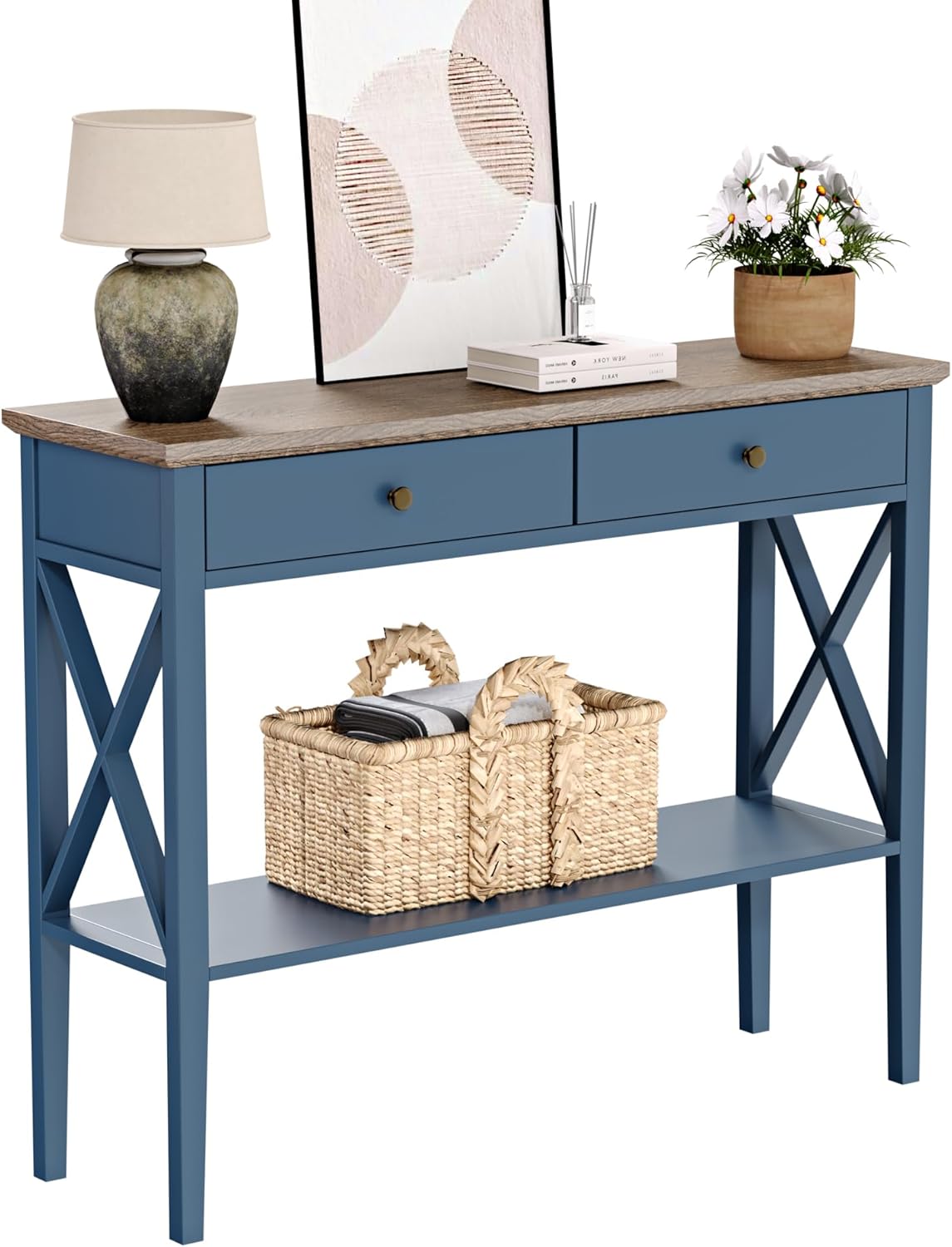 ChooChoo Console Table with Drawers, Narrow Wood Accent Sofa Table Entryway Table with Storage Shelf for Entryway, Front Hall, Hallway, Living Room, Blue