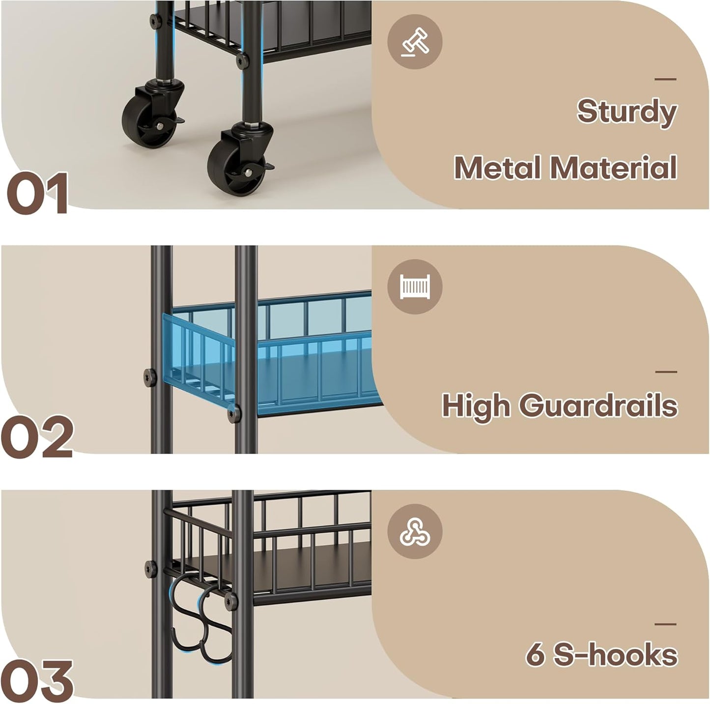 6 Tier Slim Storage Cart with Wheels, Metal Mobile Shelving Unit Organizer Utility Cart for Office Bathroom Kitchen Laundry Room Narrow Places (6inches)