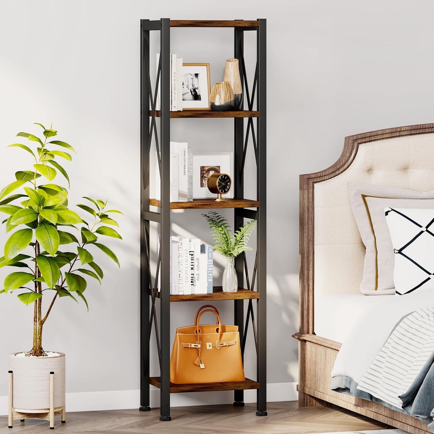Homeiju 5-Tier Narrow Bookshelf, Ladder Bookshelf, Tall Bookshelf for Bedroom with Open Shelves, Office Bookshelf, Industrial Standing Bookshelf for Bedroom, Living Room and Home Office