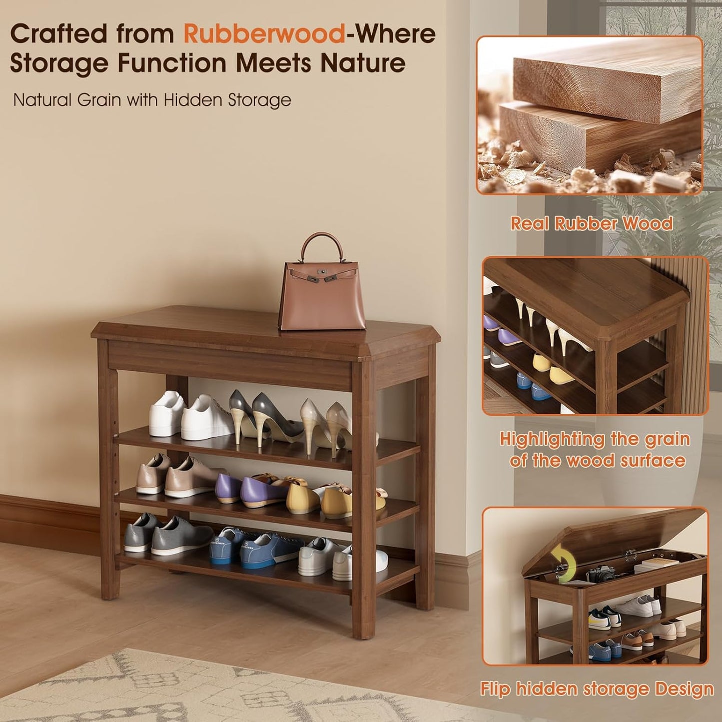 Shoe Rack Bench Seat Rubberwood 3-Tier Wooden Storage Bench 550lbs Compact Mid-Century Modern Design for Entryway, Hallway, Closet, Front Door Entrance, Foyer