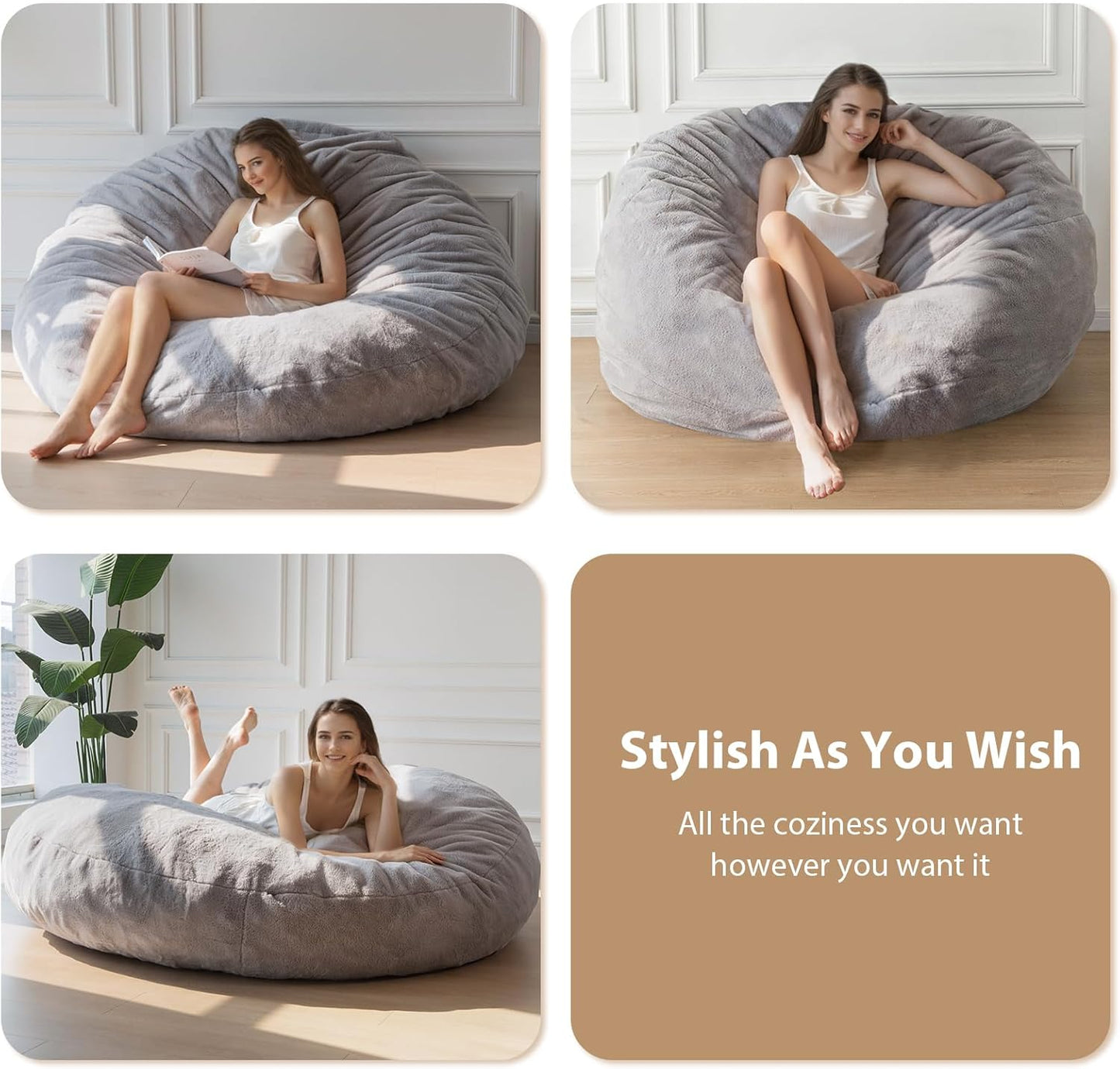 BYBYME 3 in 1 Bean Bag Chair, Convertible Chair Folds from Bean Bag to Lounger, High-Density Foam Filling, Faux Fur Big Sofa Bed, Giant Bean Bag Chair Bed for Adults