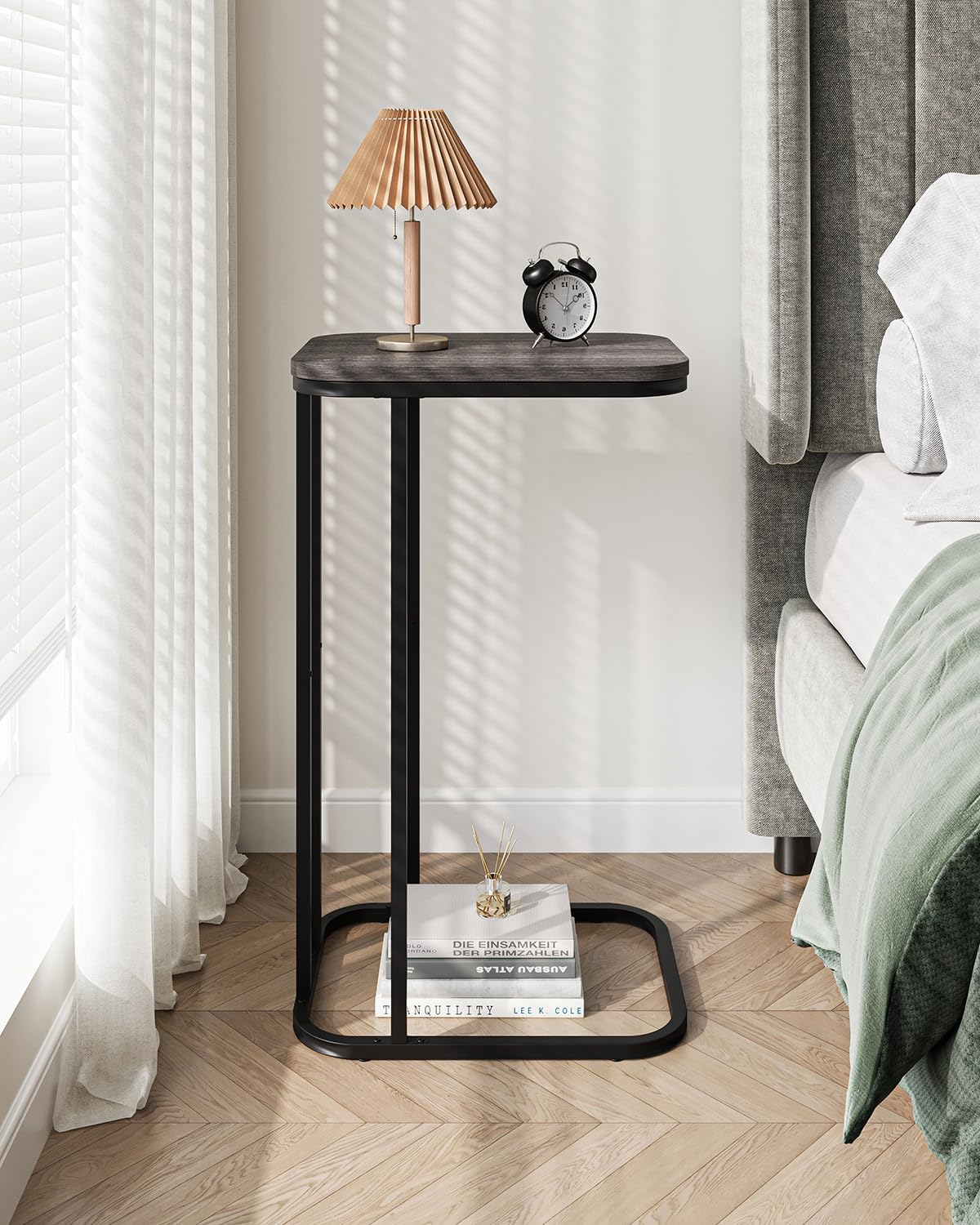 C Shaped End Table, 27 Inches High Small Side Table for Sofa and Bed, Couch Table That Slides Under, Tall Tv Tray Table for Living Room, Bedroom, Metal Frame, Black Oak
