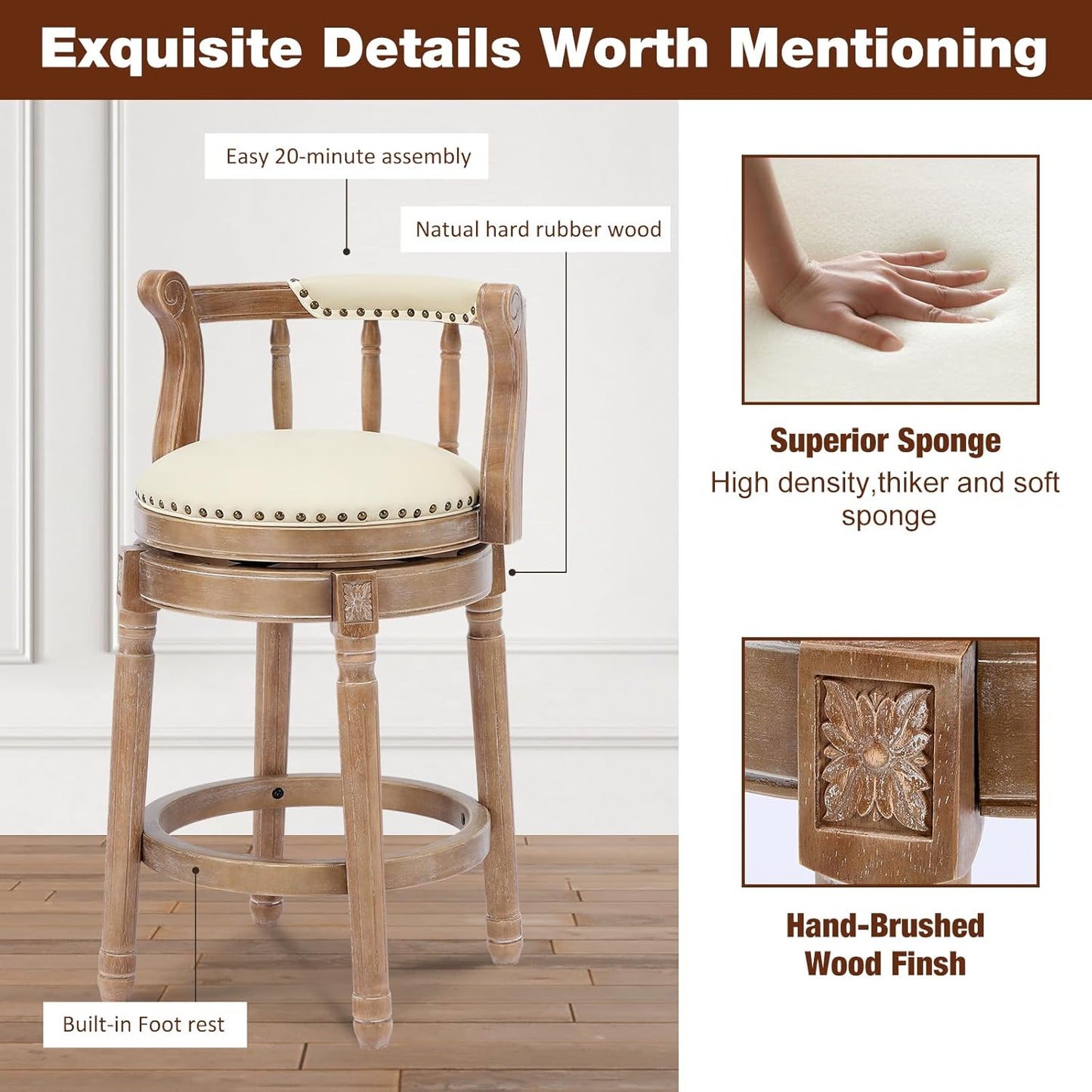 CozyRain Bar Stools Modern Swivel Barstools,Kitchen Counter Genuine Leather Upholstered Vintage Barstool for Home Kitchen Dining Room (Beige, Seat Height 26 in)