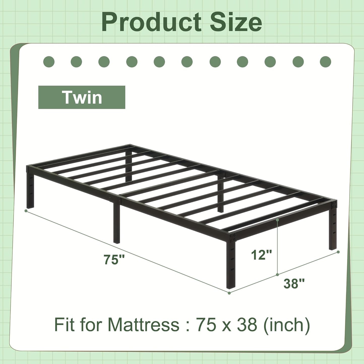 12 Inch Twin Bed Frames, Heavy Duty Metal Bed Frame Twin Size, No Box Spring Needed, Easy Assembly, Noise-Free, Black