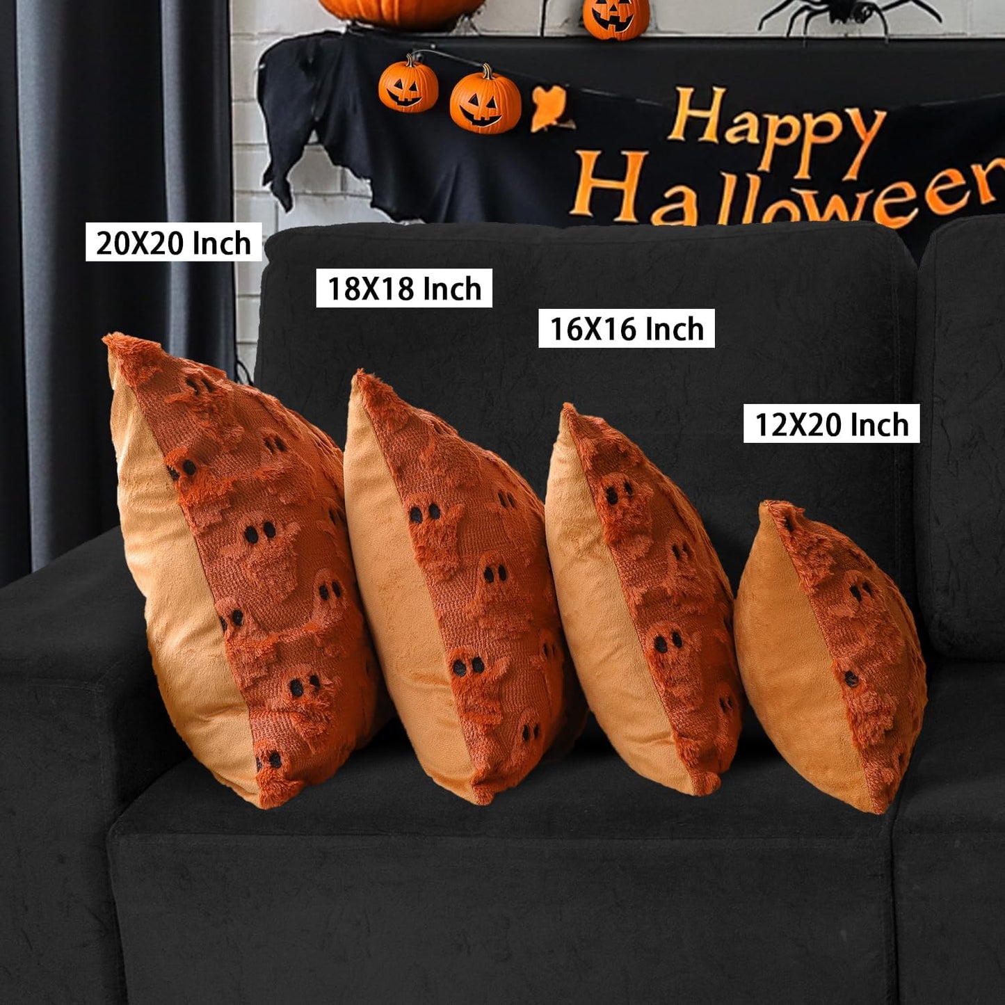 4TH Emotion Halloween Ghost Decorative Lumbar Pillow Covers 12x20 Set of 2, Rust Red Soft Plush Faux Fur Farmhouse Throw Cushion Cases for Fall Autumn Holiday Home Decorations