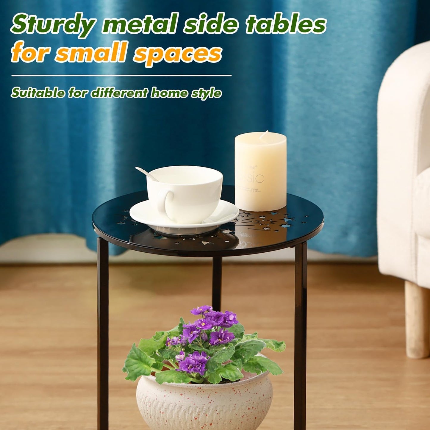 1 Pack 13" Metal Outdoor Side Tables Small Black Outside End Table for Patio Round Accent Corner Stand for Small Spaces Weather-Resistant Coffee Table for Balcony Porch Plant Stand, Starlight Pattern