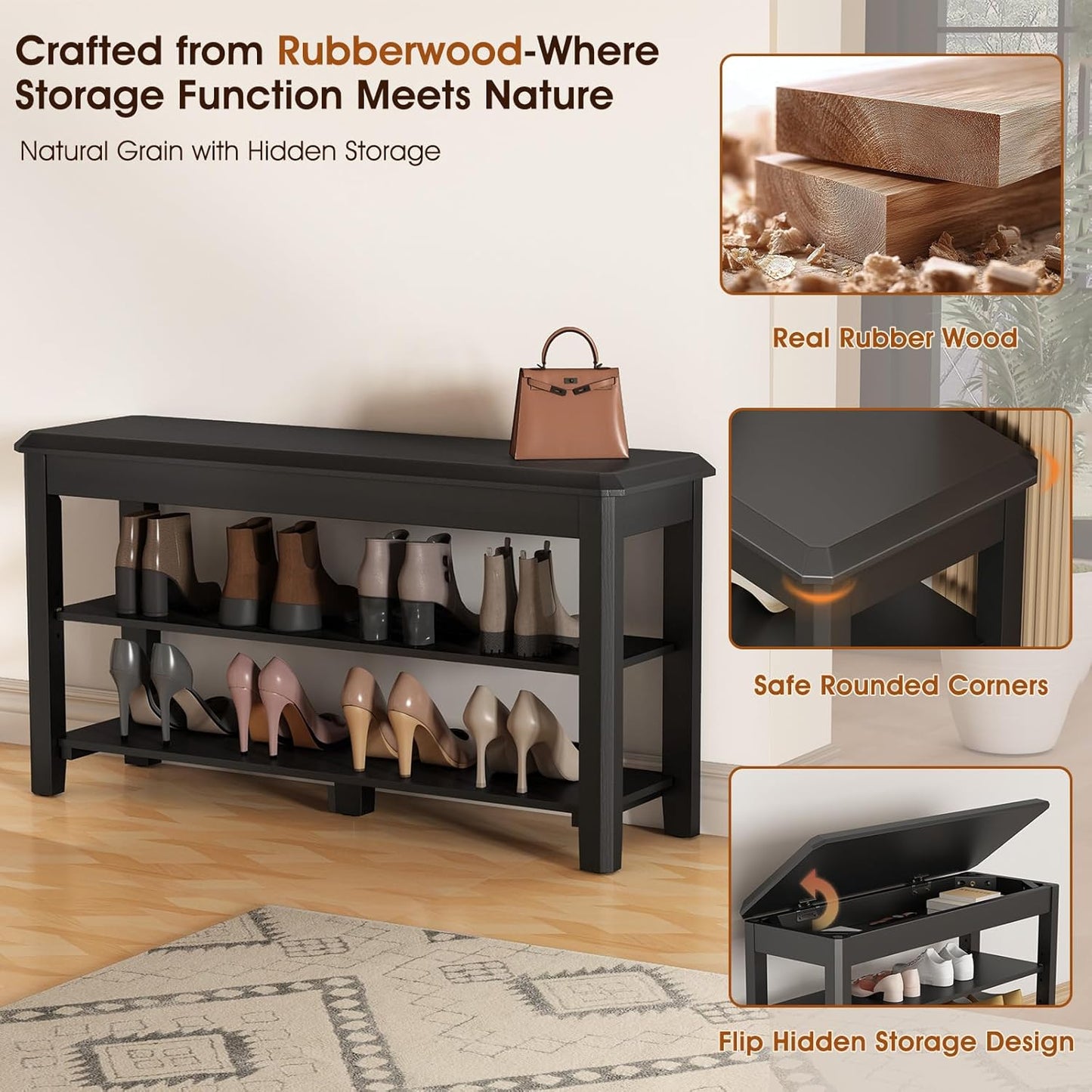 Shoe Rack Bench Seat Rubberwood 2-Tier Wooden Storage Bench 550lbs Compact Mid-Century Modern Design for Entryway, Hallway, Closet, Front Door Entrance, Foyer