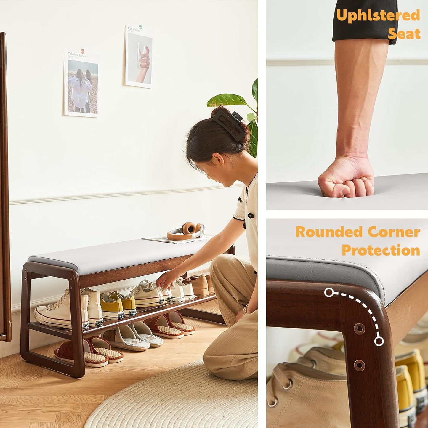 Solid Wood Shoe Bench, 2-Tier Wooden Storage Entryway Bench, Small Entryway Bench, Mid-Century Modern Bedside Bench with Faux Leather Cushion for Dining Room Living Room, Cream Grey 21.65''