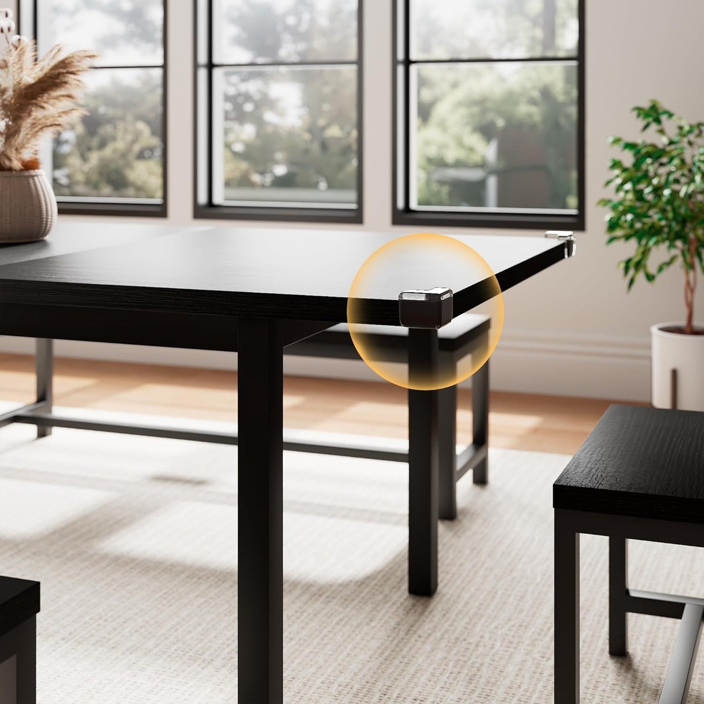 5-Piece Dining Table Set for 4-6, 63" Extendable Kitchen Table with 2 Benches & 2 Stools, Metal Frame & MDF Board, Farmhouse Space-Saving Dinette for Kitchen, Dining Room, Black