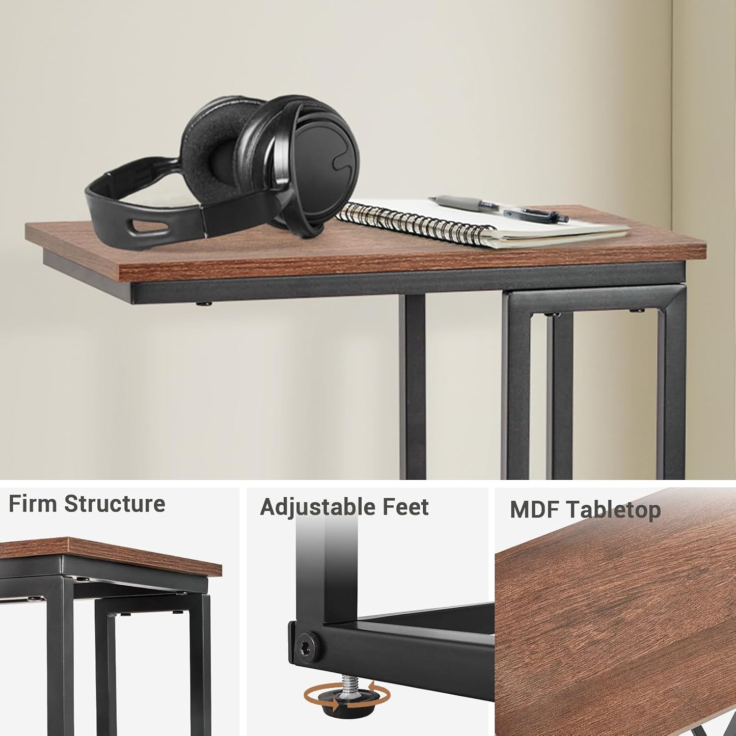 C-Shaped End Table, TV Tray Set of 2, Couch Side Laptop Table, for Living Room, Bedroom, Small Spaces, Rustic Brown and Black, 2 Pack