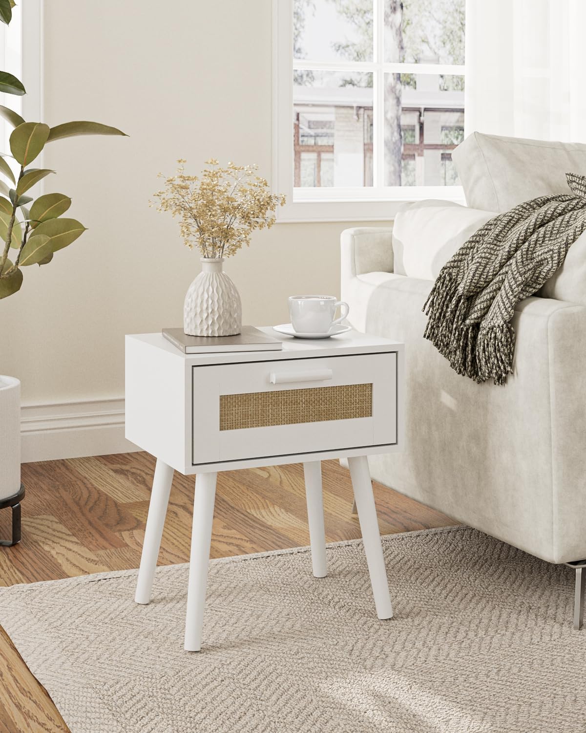 Bedroom Nightstands Wooden Night Stands with Rattan Weaving Drawer Home Bedside End Table for Bedroom Storage (Bohemian-White)