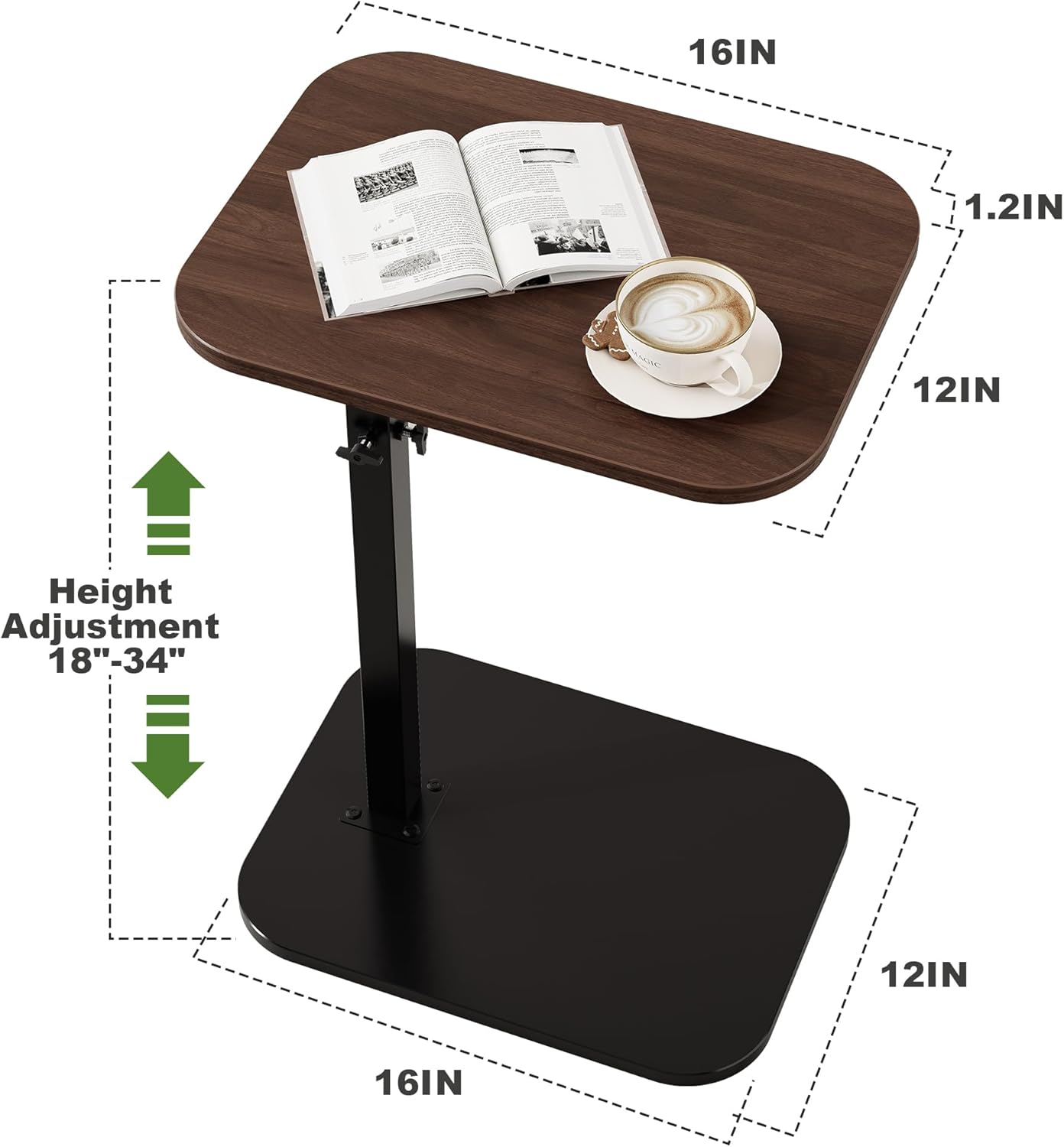 C Shaped End Table for Couch, Adjustable Height Couch Side Table, Horizontal 360°Swivel Small TV Tray Table Couch Side Tables That Slide Under (Walnut)