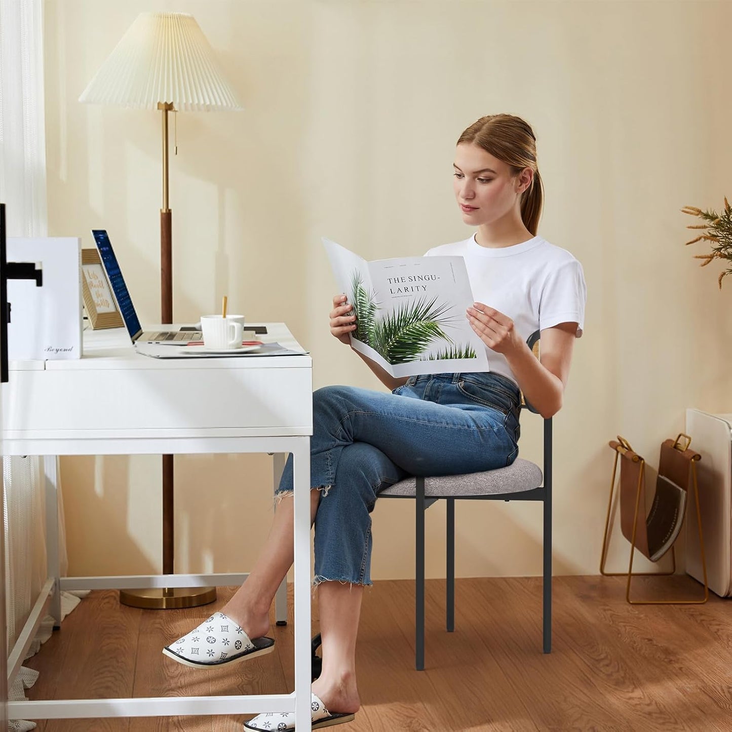 Mid Century Modern Dining Chairs Set of 2 with Rattan Backrest,Velvet Upholstered Accent Kitchen & Dining Room Chairs with Sturdy Metal Frame,Gray