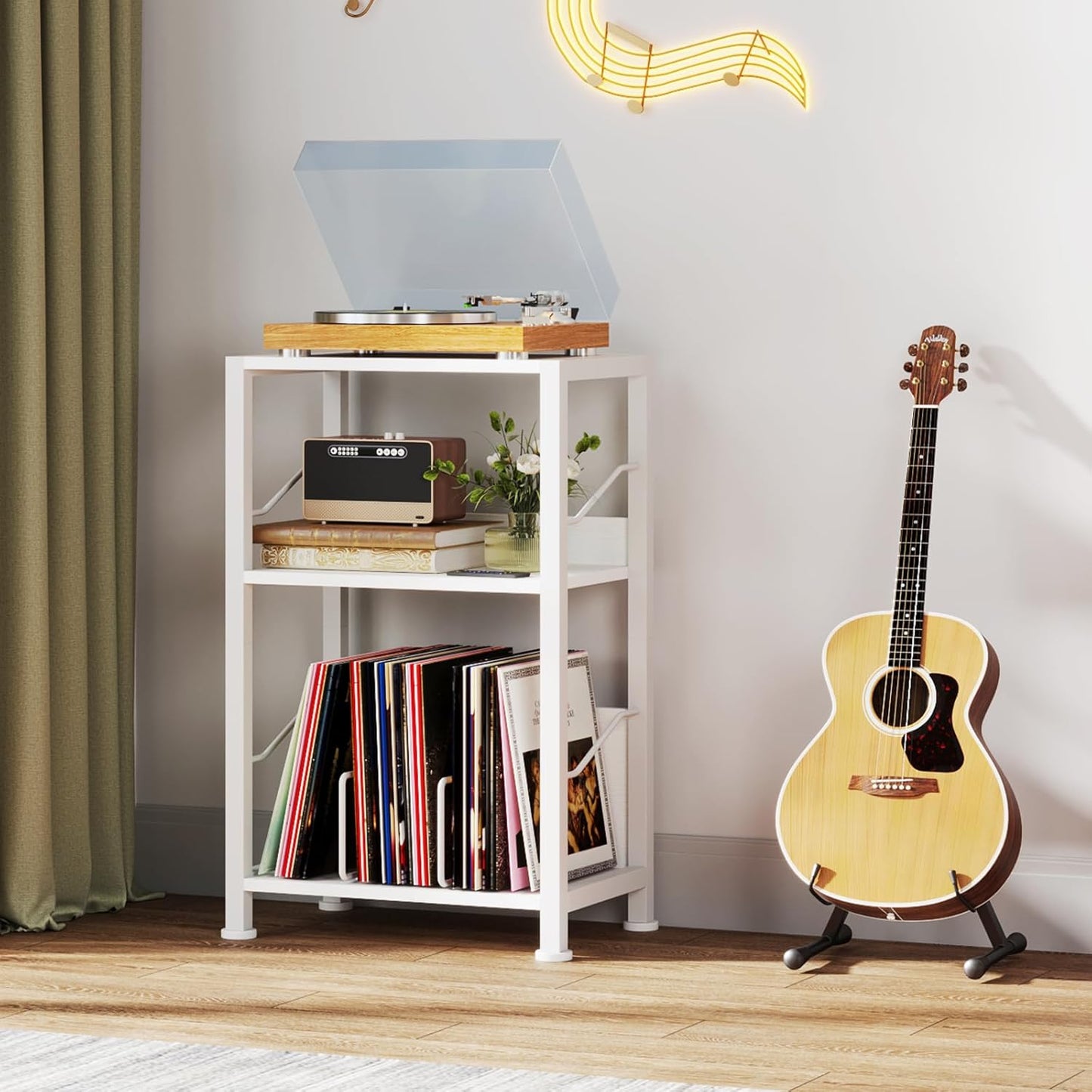 Hosfais 3 Tier Record Player Stand, Retro Vinyl Record Storage End Table Records Shelf for Living Room Bedroom (White)