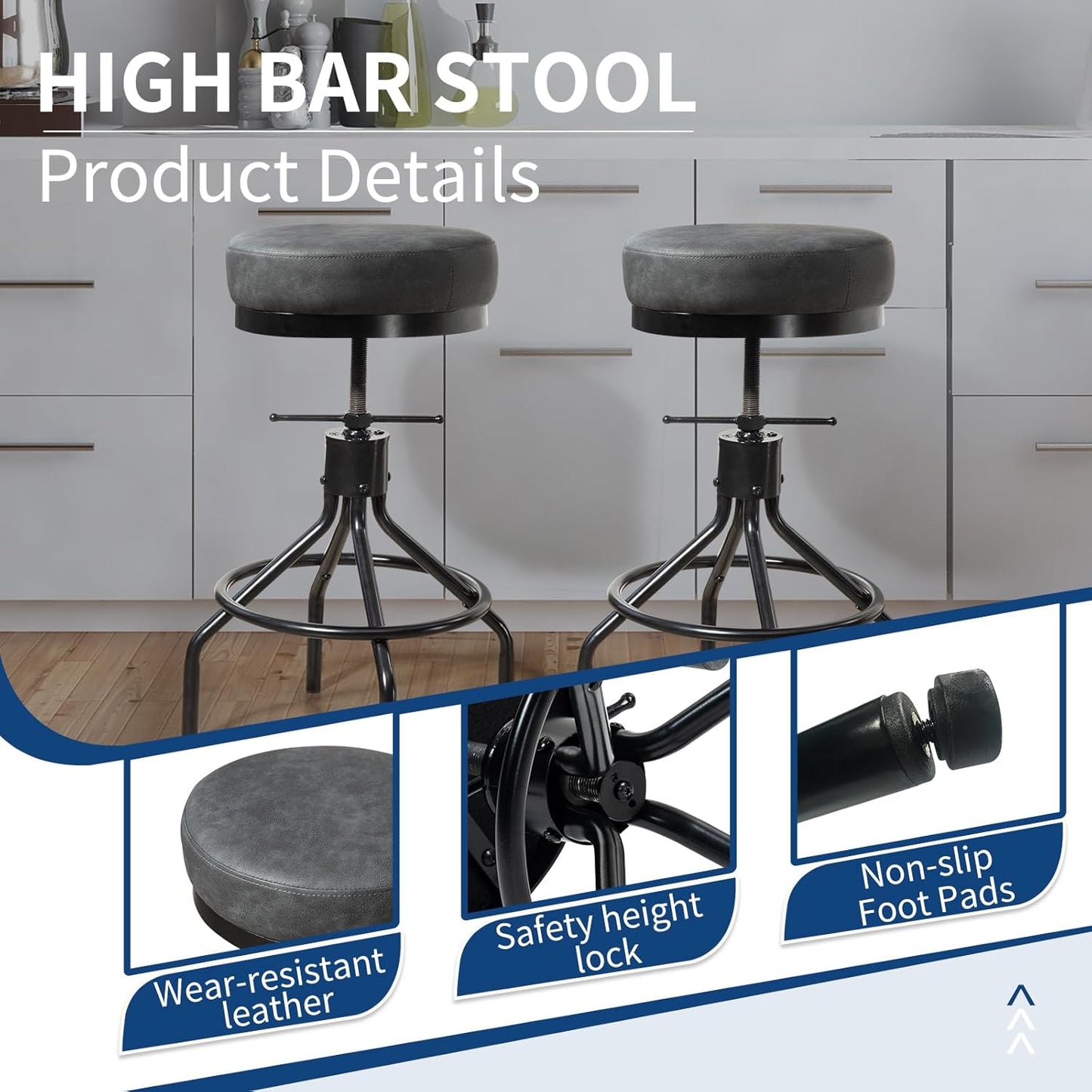 Grey Swivel Bar Stools Set of 2 Adjustable Swivel Round Barstools Modern PU Leather 28inch Industrial Backless Counter Height Stool Bar Chair for Kitchen Island (2, Grey)