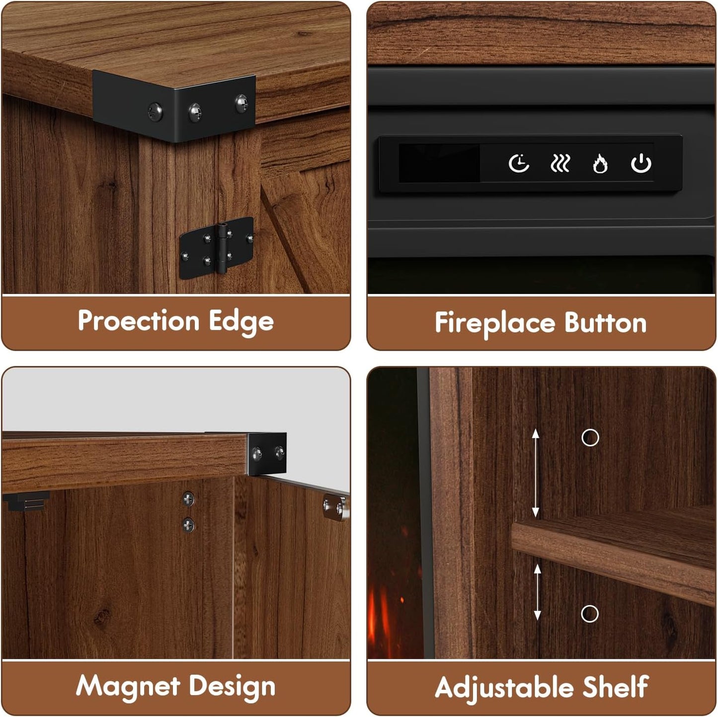 YESHOMY Fireplace TV Stand with Two Barn Doors and Storage Cabinets for Televisions up to 65+ Inch, Entertainment Center Console Table, Media Furniture for Living Room, 58 Inch, Walnut