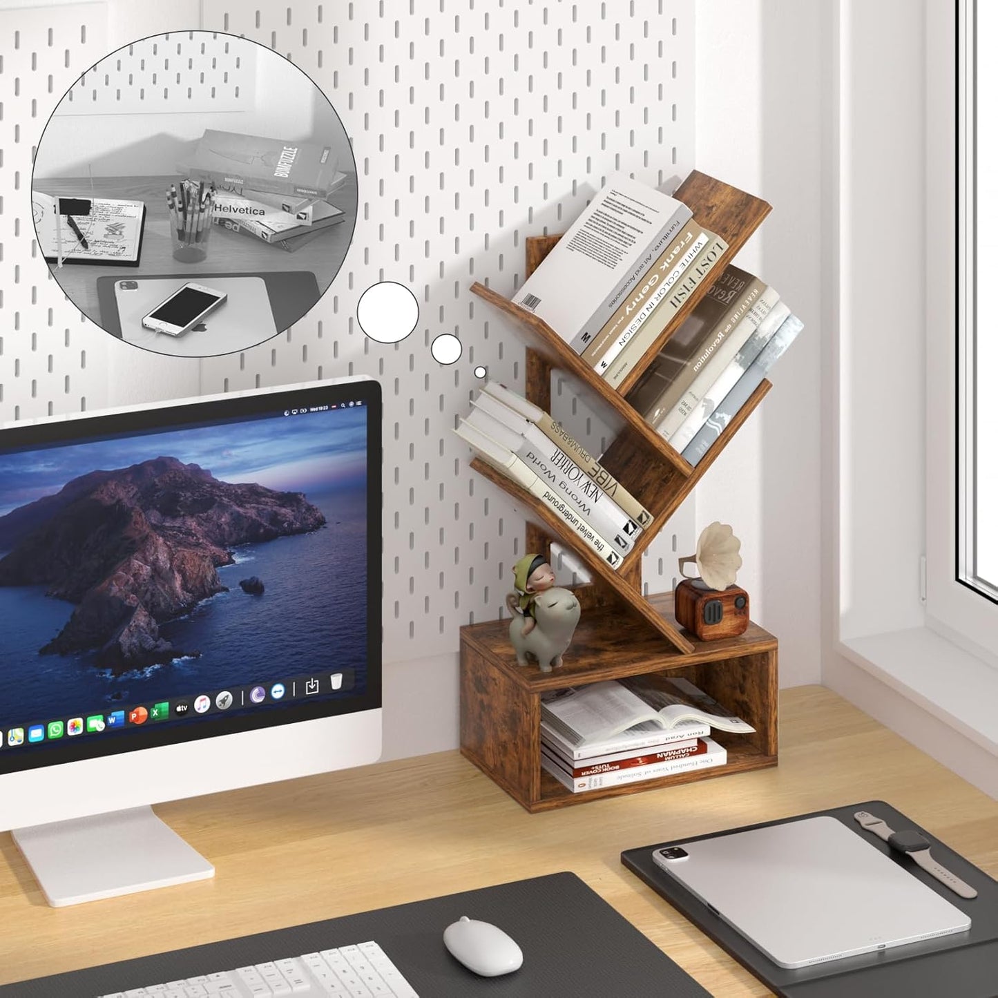 Small Tree Book Shelf,5 Tier Black Tree Bookshelf,Brown Desktop Bookcase,Modern Desk Display Storage Bookshelves,Floor Standing Organizer Bookcases for Living Room,Bedroom,Office-White-Brown