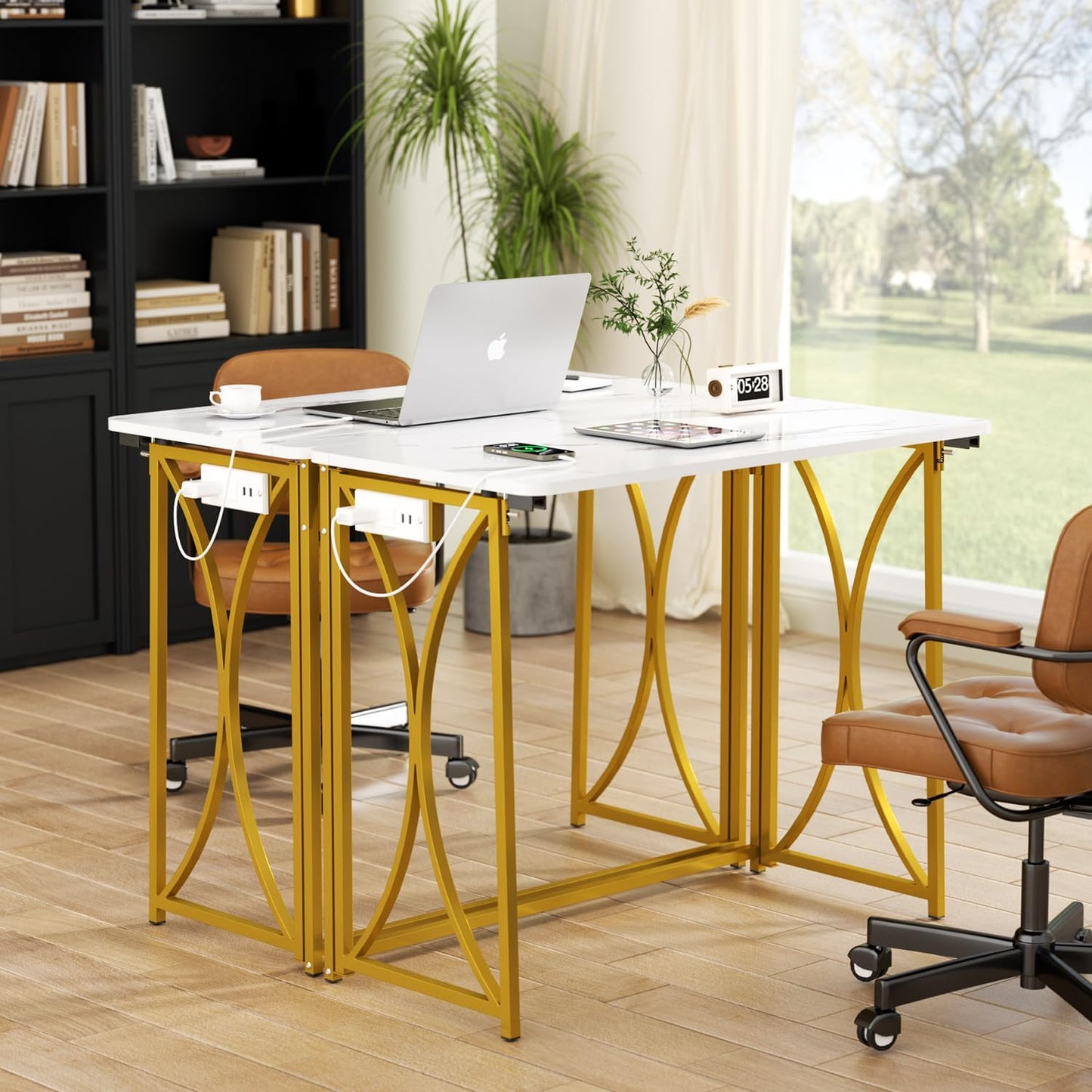 Folding Desk, 31.5" Small Desk for Bedroom with Power Outlet, Space Saving Foldable Computer Desk for Home Office, Easy Assembly, White and Gold