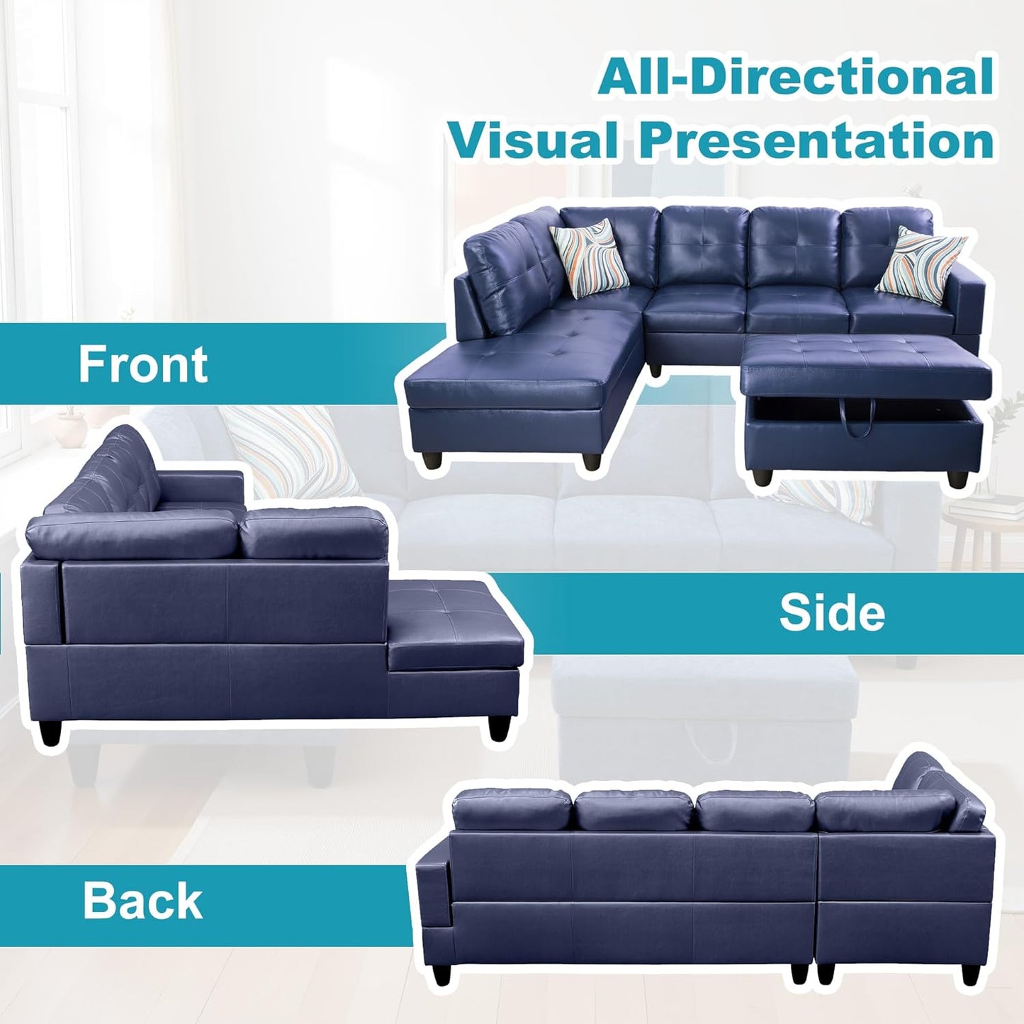 L Shaped Couch PU Leather Sectional Couch Upholstered 3 Pieces Sofas for Living Room with Chaise, Storage Ottoman for Office and Small Apartment, Blue