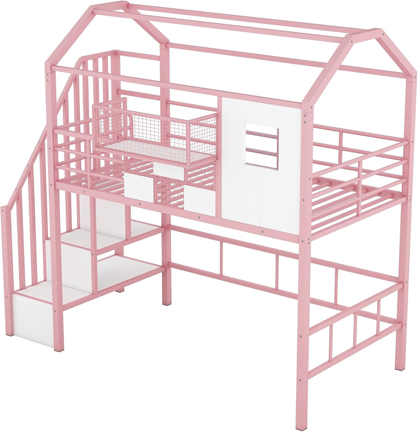Twin Size Metal Loft Bed with roof Design and a Storage Box,House Shaped Stairway Metal Bedframe w/Guardrail & Roof Design, for Kids Boys Girls Bedroom, Pink