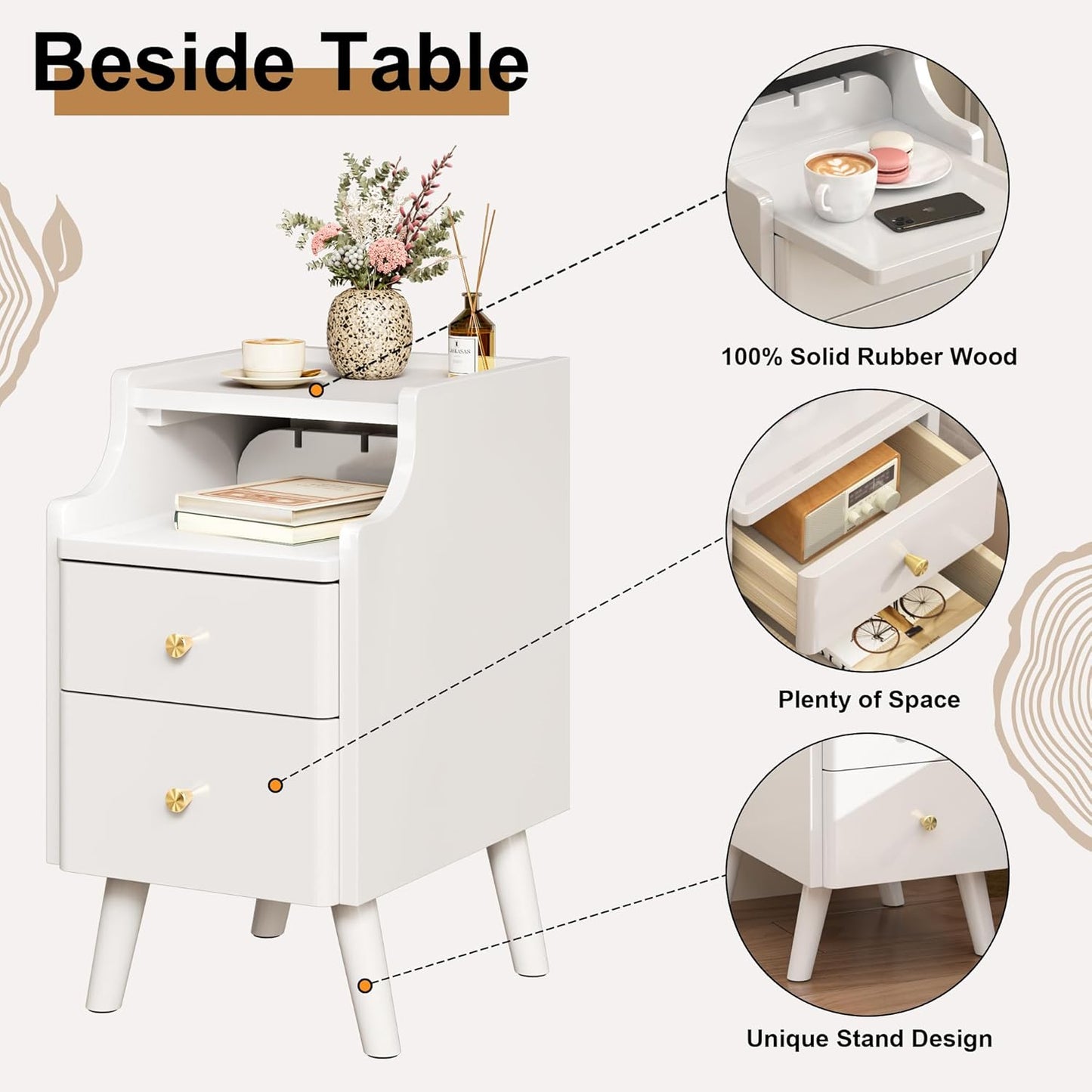 Narrow Nightstand, Solid Wood Night Stand with 2 Drawers, Black Mid Century Modern Nightstand, Small Beside Table with Open Storage Shelf for Bedroom(12 inch