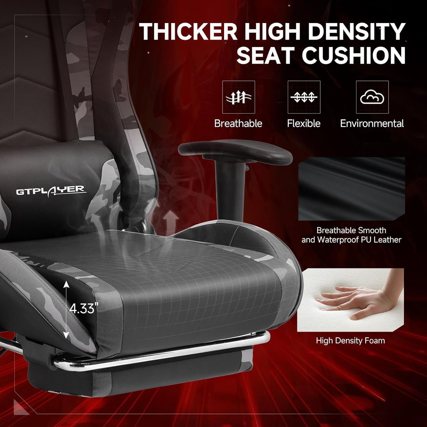 GTPLAYER Gaming Chair with Bluetooth Speakers and Footrest, Ergonomic Gamer Chair with Reclining Backrest, 3D Armrests, Adjustable Seat Height, Computer Desk Chair for Adults (Camouflage)