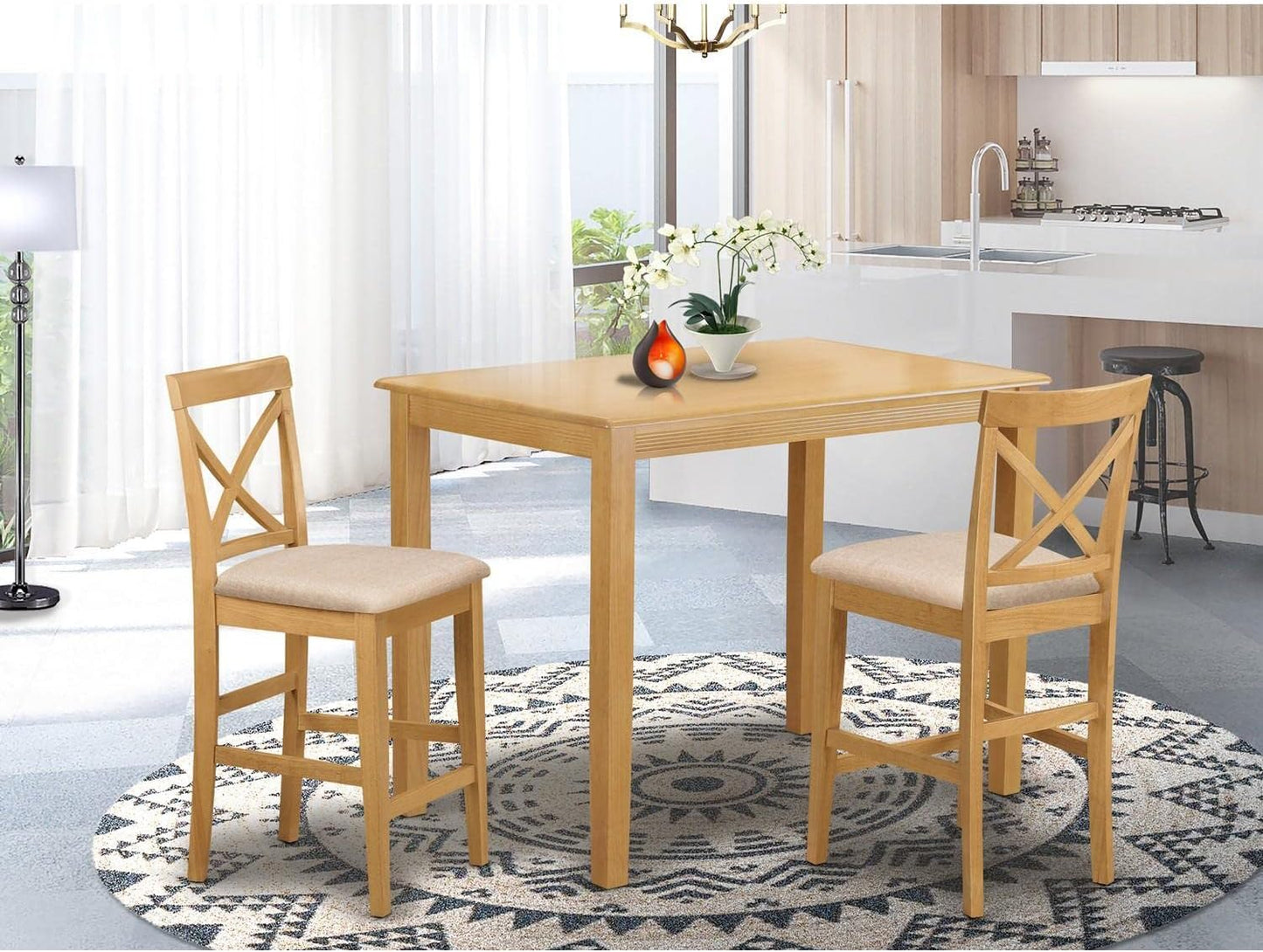 East West Furniture YAPB3-OAK-C 3 Piece Kitchen Counter Set for Small Spaces Contains a Rectangle Dining Room Table and 2 Linen Fabric Upholstered Dining Chairs, 30x48 Inch, Oak