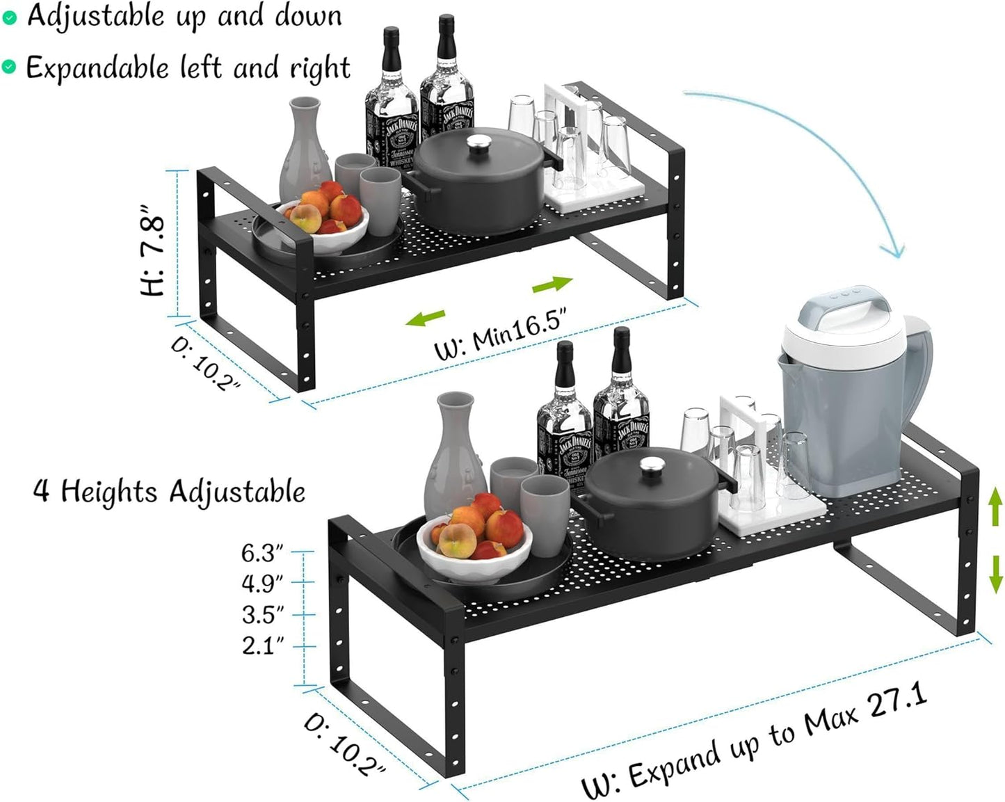 Expandable Stackable Aadjustable Shoe Rack Pantry Shelf for Kitchen Cabinets Counter Shelves Countertop Cupboard Storage Solution,Sturdy Heavy-Duty Metal Construction(2Packs/Black/Large)