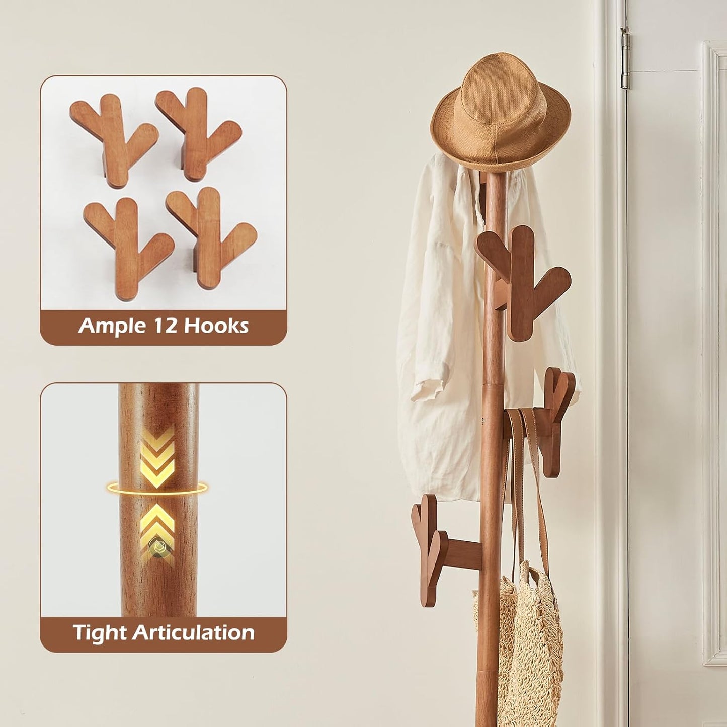 CozyDH Solid Wood Coat Rack Freestanding with Lockable 360° Rotary Casters, Coat Tree Stand with Umbrella Holder & Laundry Basket Storage & 12 Hooks, Walnut