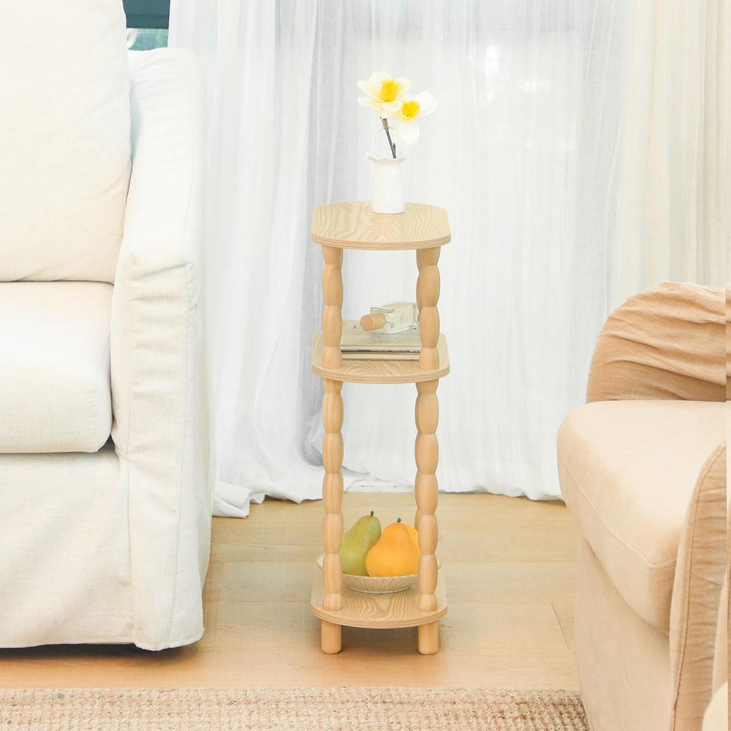 MaxSmeo Narrow End Table, Small Narrow Side Table for Small Space, 3-Tier Skinny End Table Nightstand for Bedroom, Living Room and Office (Natural)