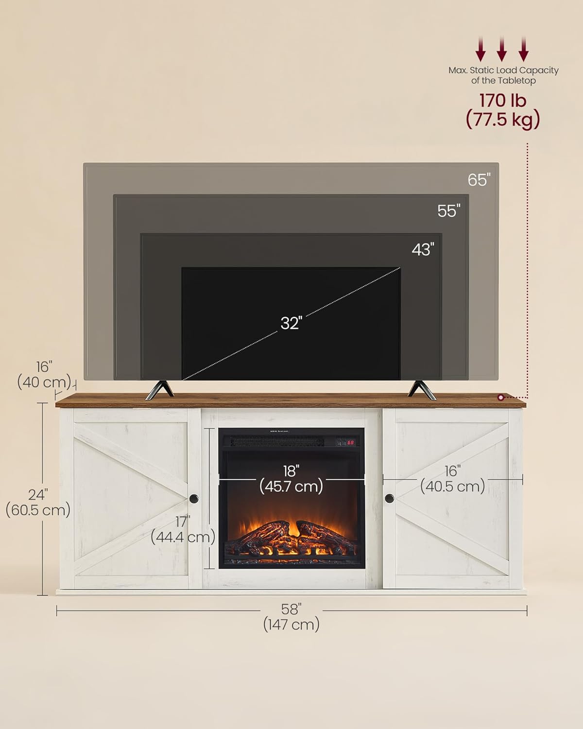 VASAGLE Fireplace TV Stand for TVs up to 65 Inches, 18-Inch ELectric Fireplace with Remote, Farmhouse Entertainment Center, Media Console Table for Living Room, Rustic White and Honey Brown ULTV540W01
