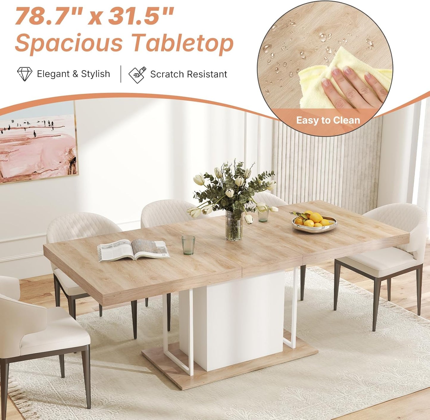 63"-78.7" Expandable Dining Table, 6-10 Farmhouse Kitchen Table, Extendable Dining Room Tables, Rectangular Table with Metal Track, Stable Central Column Base for Living Room, Home-Oak