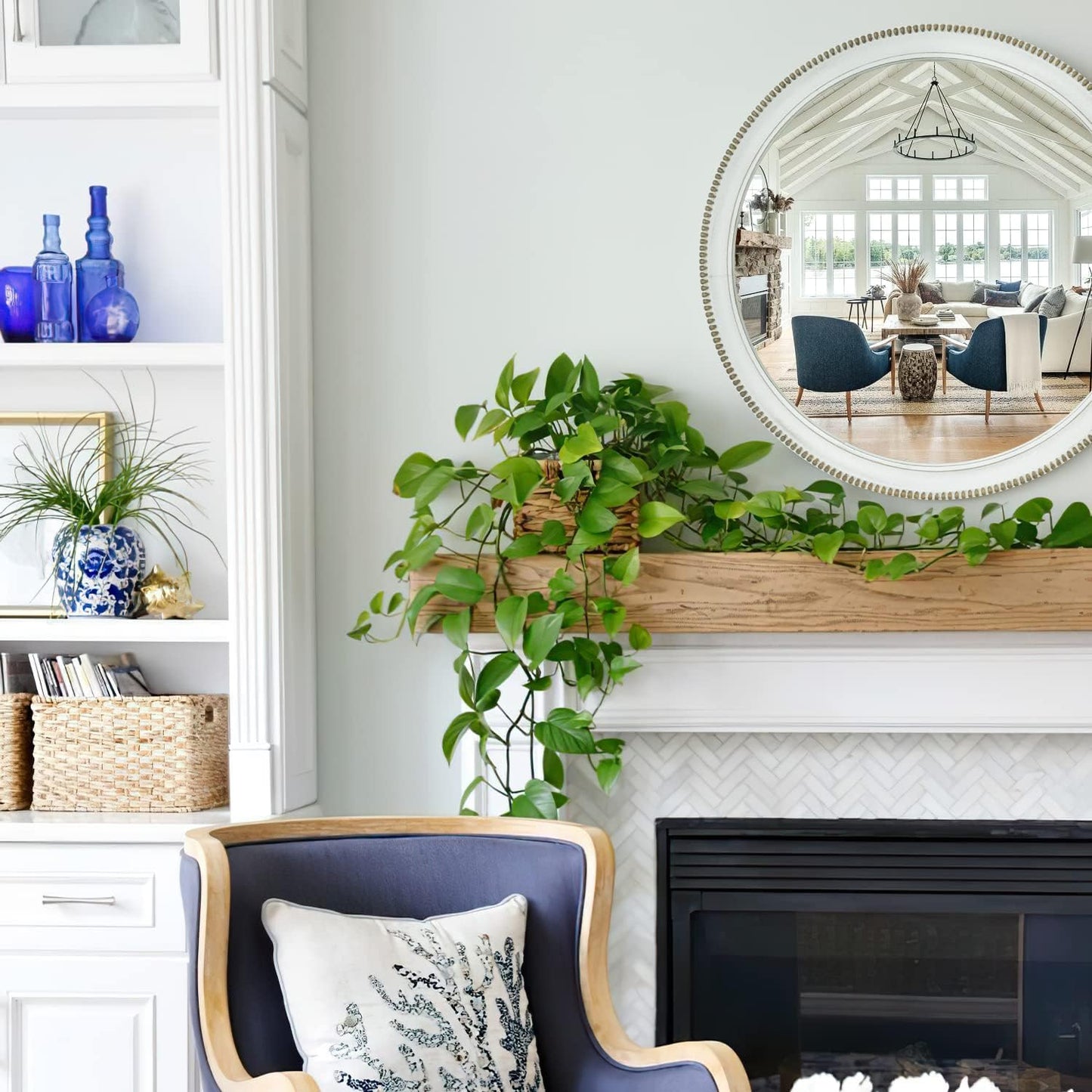 sawsile Wood Circle Mirror,Rustic Farmhouse Wall Mirror 24 inch Round Morden Decoration Wood Large Mirror White Accent Mirror for Bedroom,Living Room