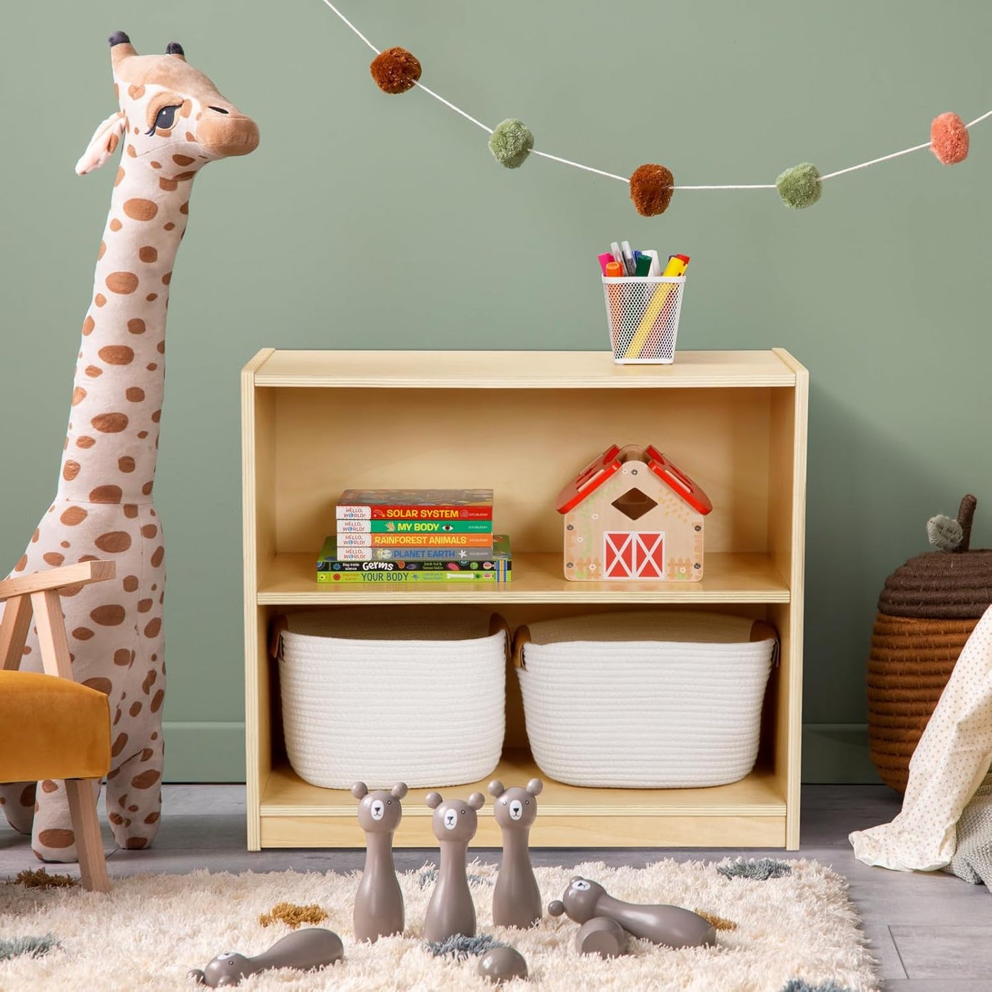 OOOK Montessori Toy Shelf, Kids Bookshelf and Toy Storage, Small Bookshelf for Kids, 2-Tier Wooden Storage Shelves for Classroom, Kindergarten, Kids Room, Playroom, Daycare Center and More