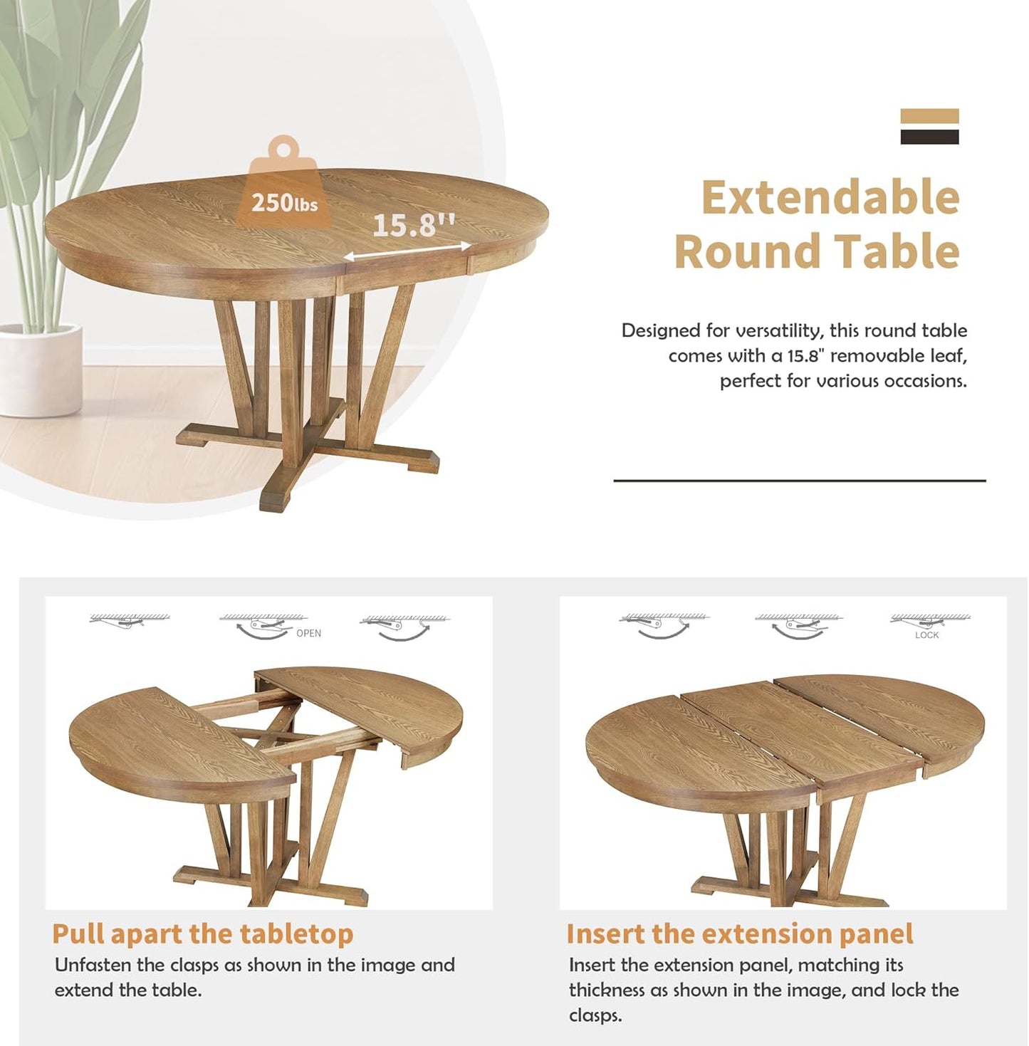 Ball & Cast Rustic 5-Piece Extendable Dining Table Set for 4,Round Trestle Table and 4 Cross Back Chairs,15.8" Removable Leaf,Wood Kitchen Sets,Intimate Gatherings or Larger Gatherings,Brown