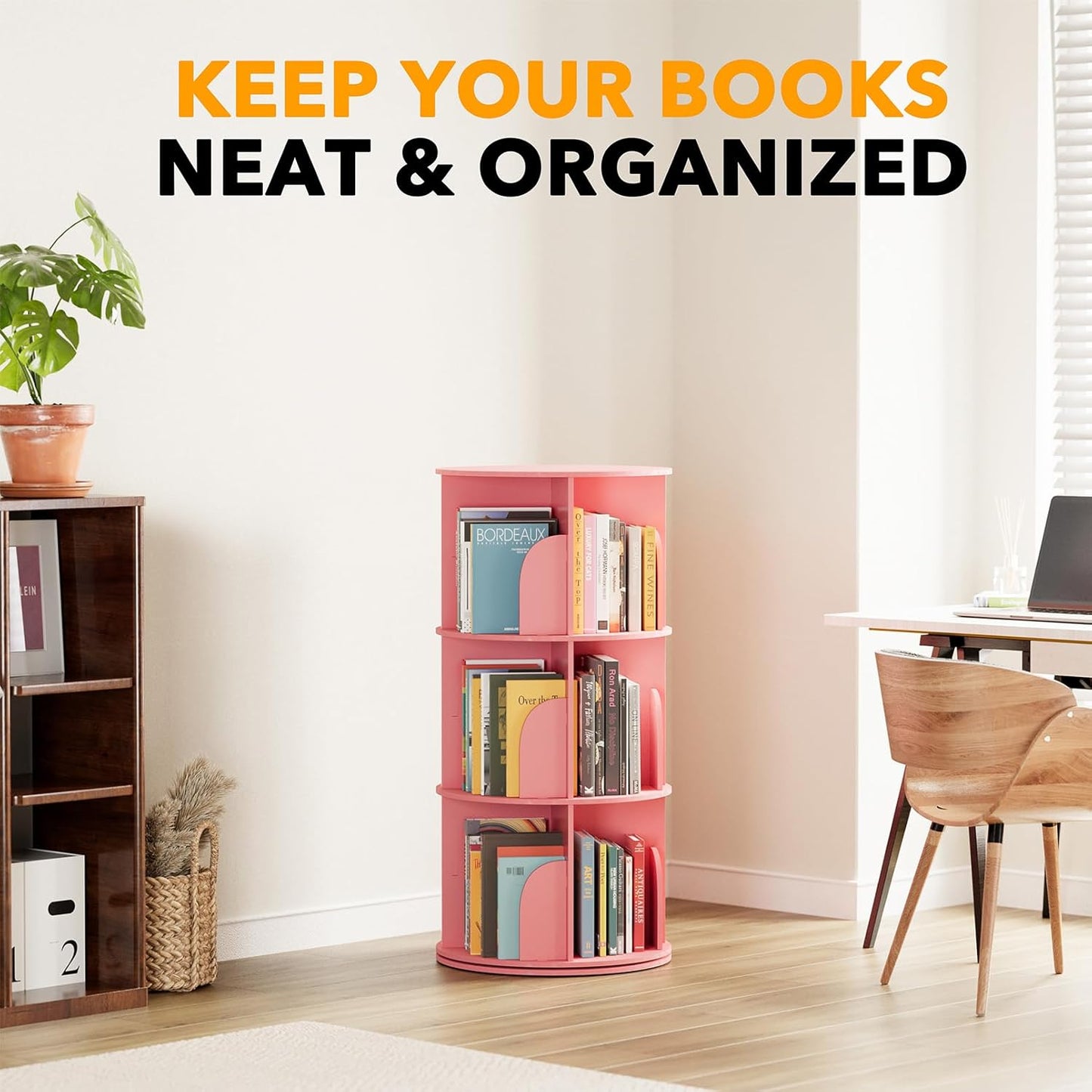 SpaceAid 3 Tier Rotating Bookshelf Tower, Spinning Bookcase Lazy Susan, Revolving 360 Book Shelf Storage Round Carousel, Vertical Rotate Turning Spiral Corner Organizer, Pink