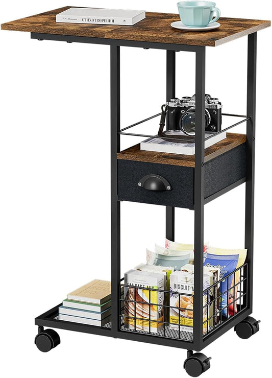 C Shaped Sofa Side Table: Couch End Table with Drawer - Bedside Table with Wheels - 19.7''L x 11.8''W x 28''H - C Mobile Tables with Storage Basket for Living Room Bedroom