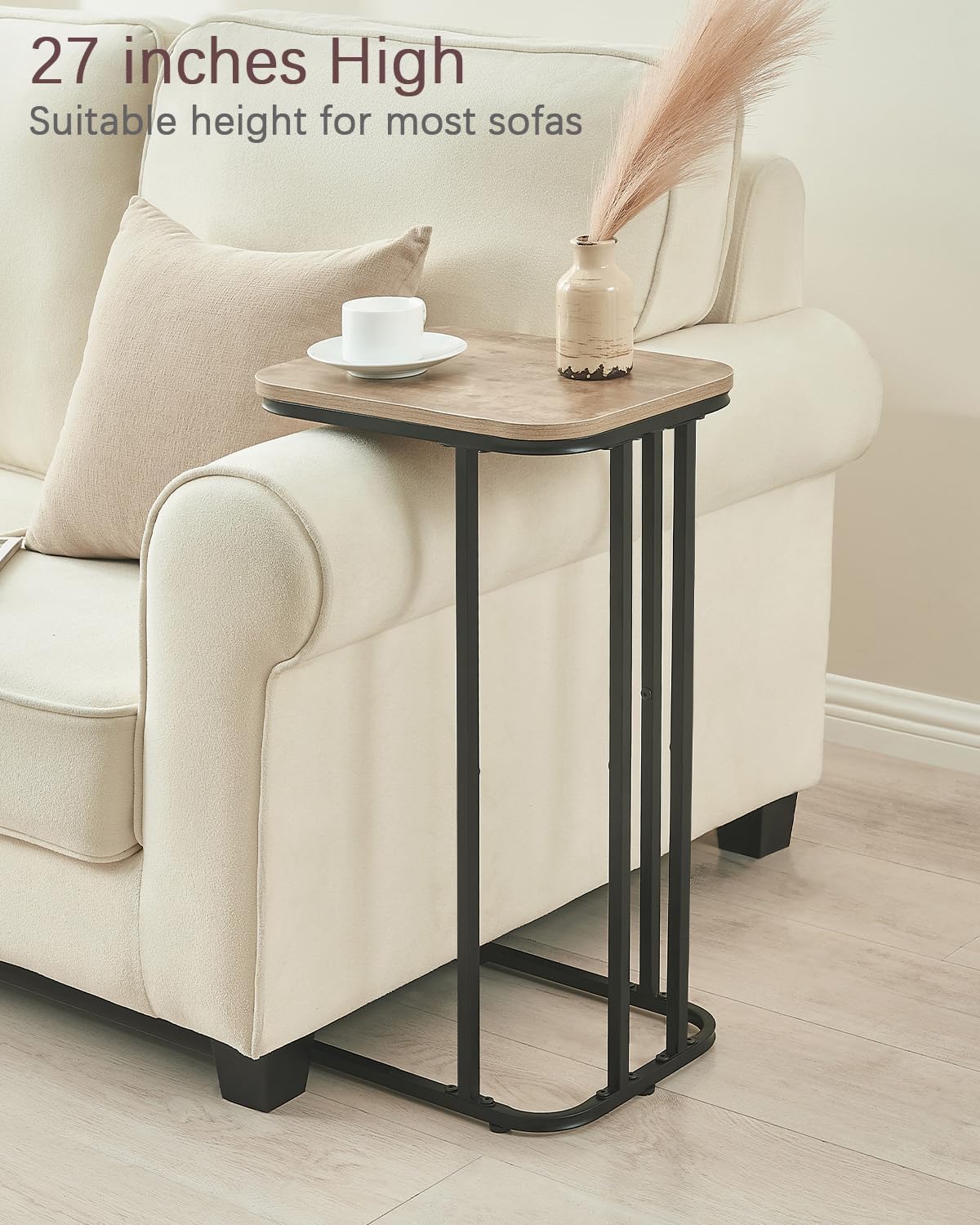 C Shaped End Table, 27 Inches High Small Side Table for Sofa and Bed, Couch Table That Slides Under, Tall Tv Tray Table for Living Room, Bedroom, Metal Frame, Greige & Black