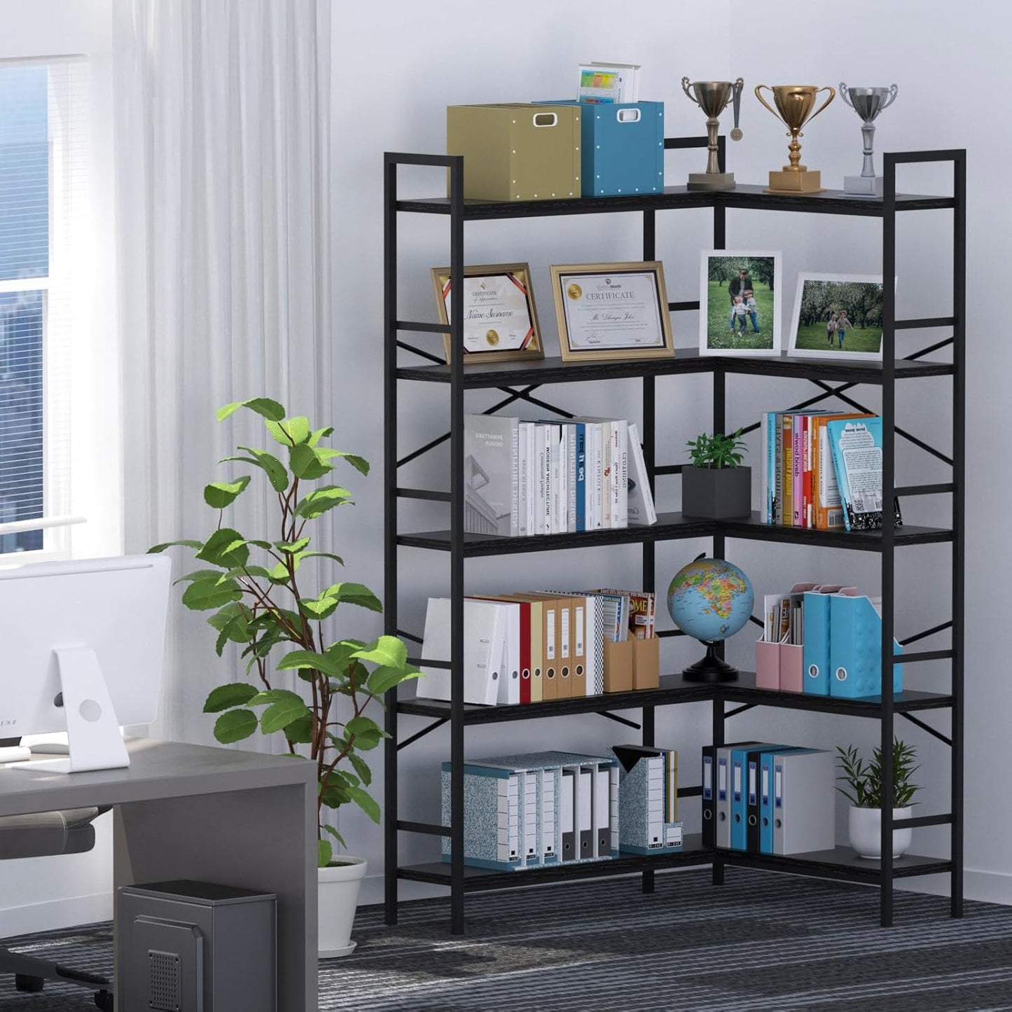 Black Corner Bookshelf,5 Tiers Corner Bookcase with Open Storage,L Shaped Shelves for Home Office,Living Room,Bedroom