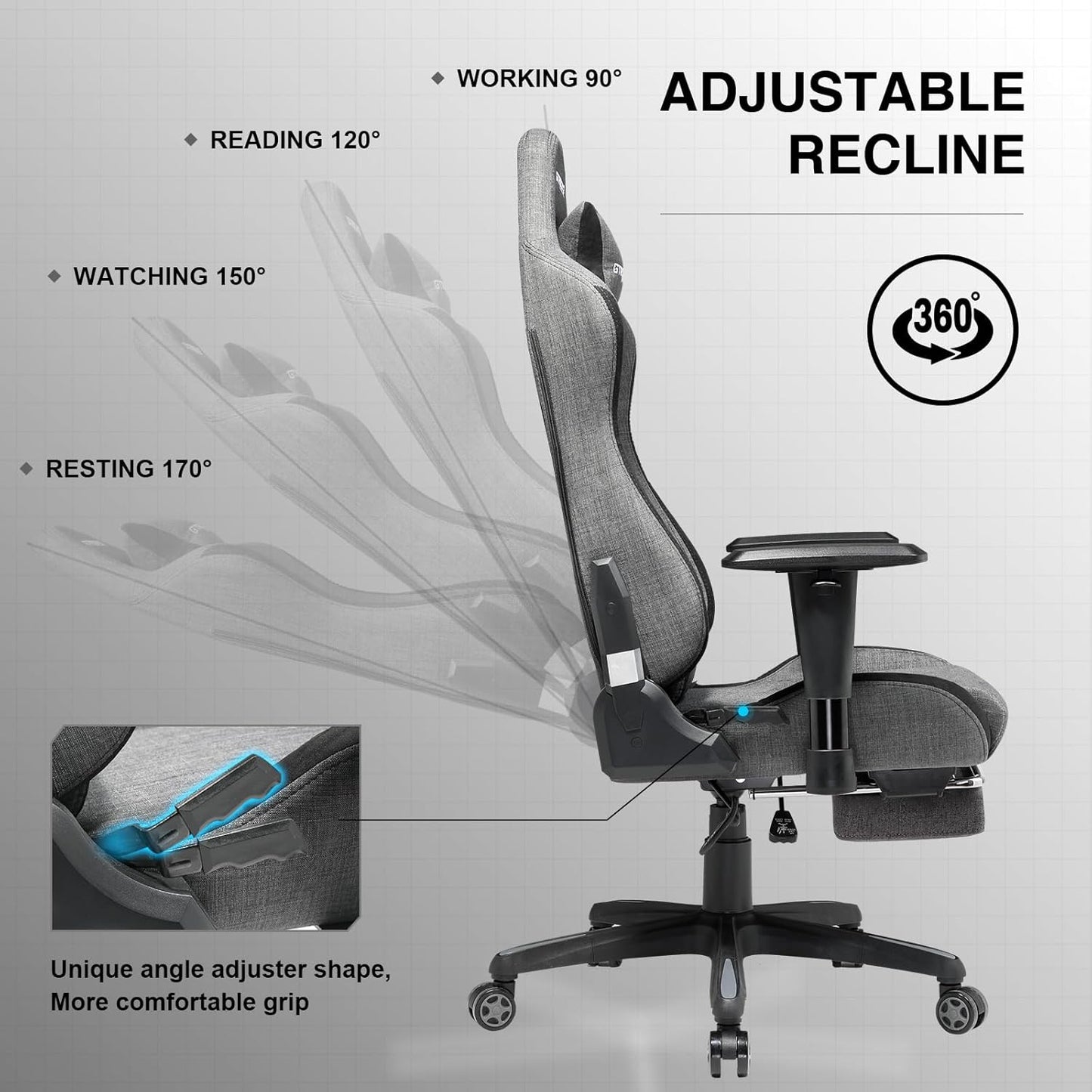 GTRACING Gaming Chair with Footrest, Fabric Breathable Big and Tall Ergonomic Computer Chair 350 lbs with Adjustable Lumbar Support and Recliner,High Back Game Chair for Office Gaming, Grey