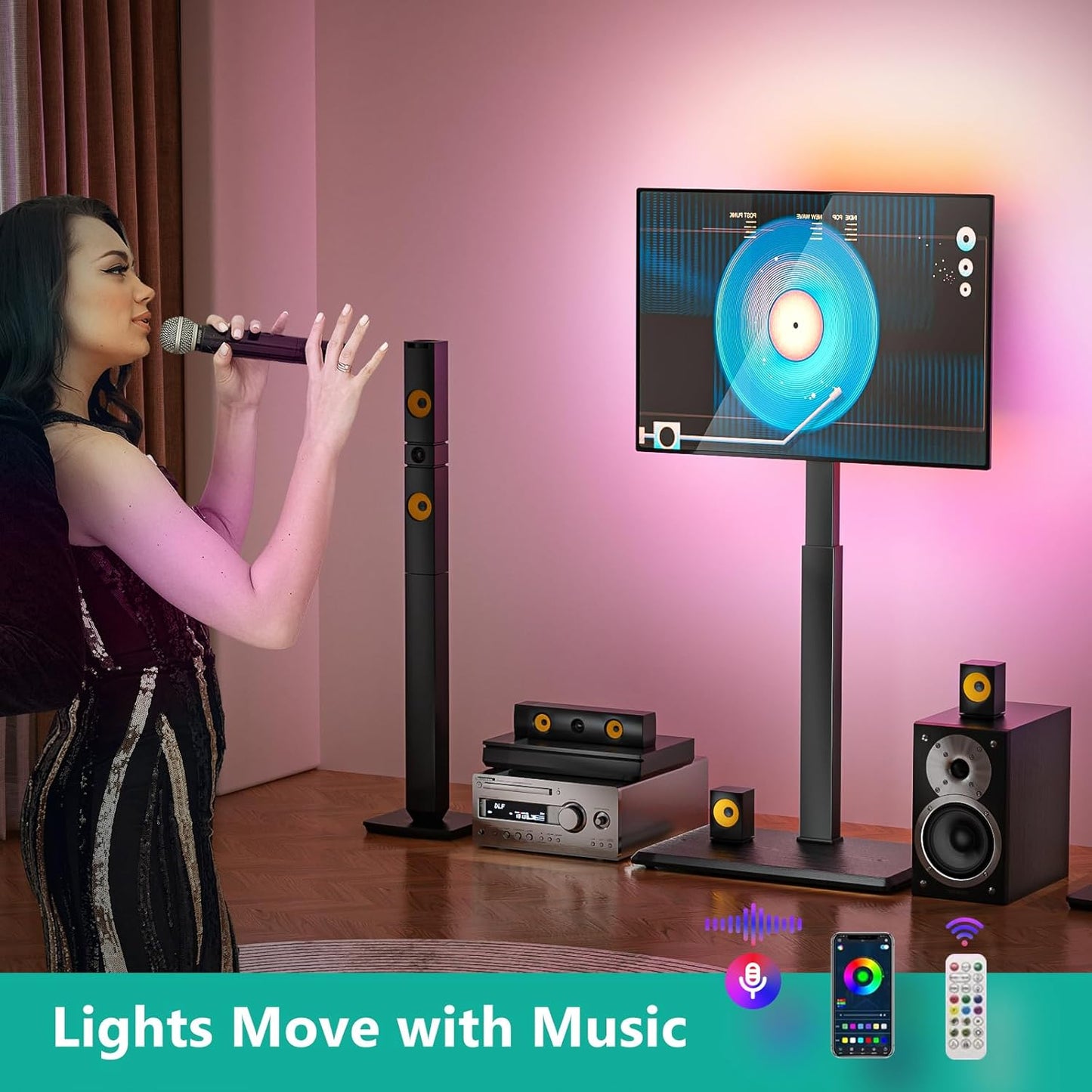 WALI Floor TV Stand with LED Lights, Tall TV Stand Mount for 32-75 inch TV up to 110 lbs, Swivel and Height Adjustable TV Stands with Wood Base for Bedroom, Office(TVDVD-7L), Black