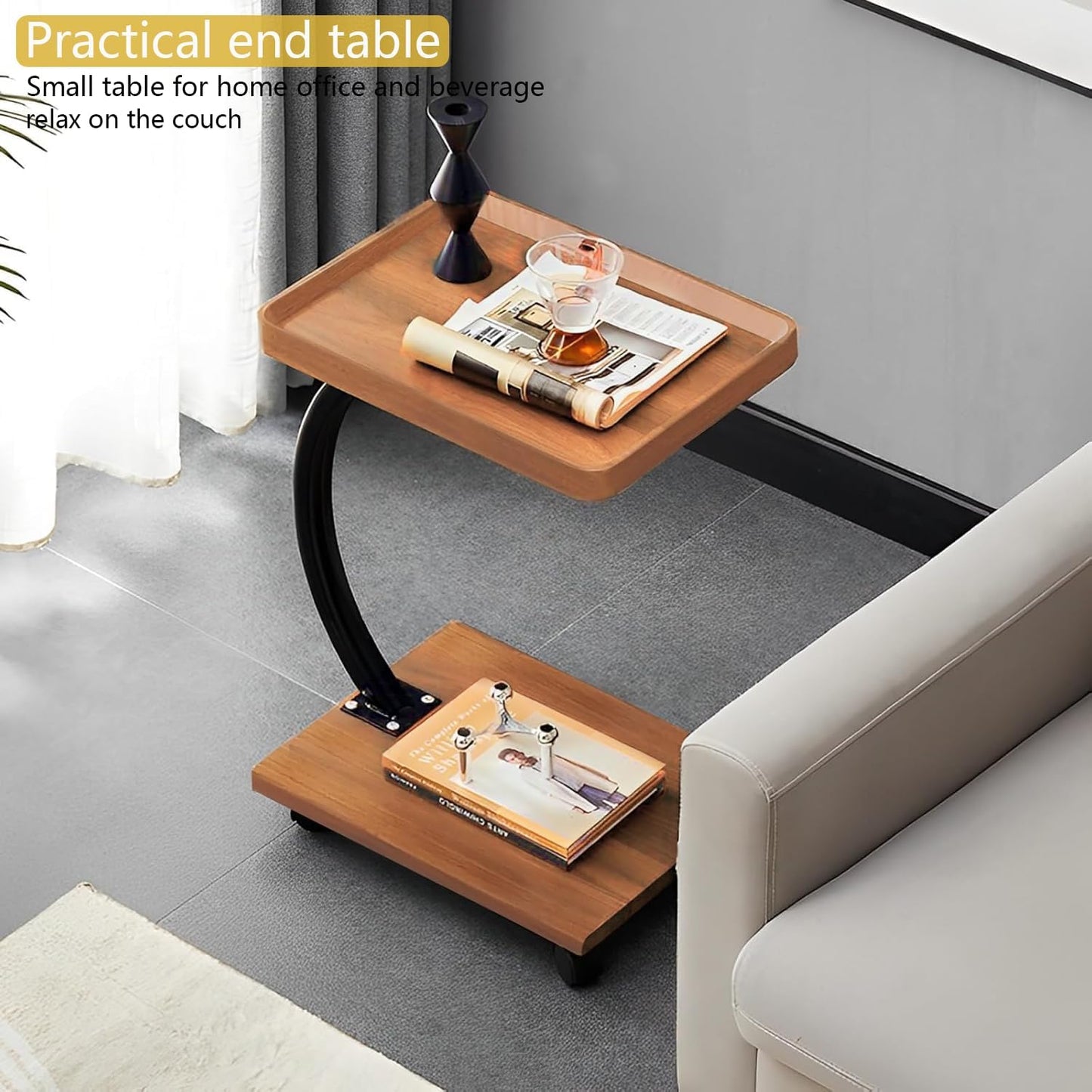 C Table End Table,360°Swivel TV Tray Table for Small Spaces, Couch Tables That Slide Under, C Shaped Side Tables with Wheels for Living Room and Bedroom, Bed,Chair, Snack Table