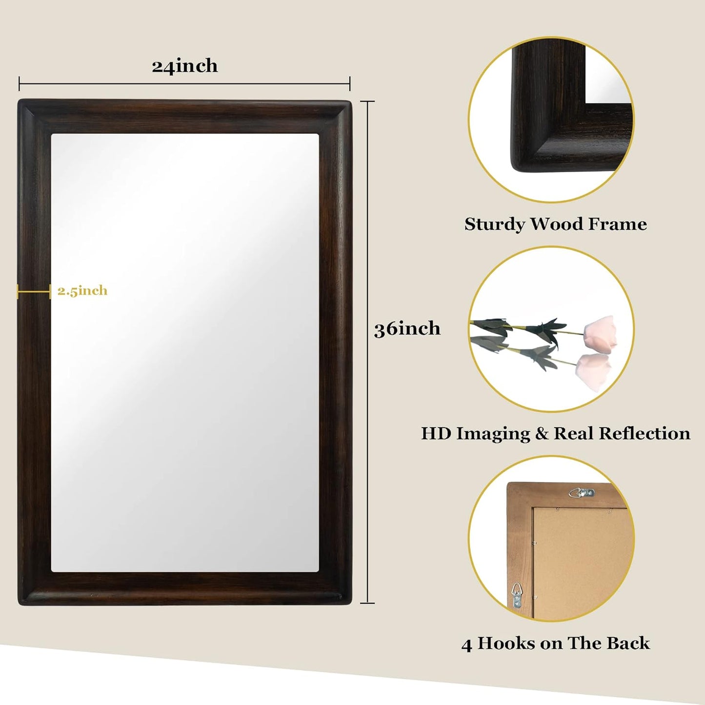 CULER Rustic Wood Wall Mirror for Bathroom,Rectangle 24 x 36 inch Hanging Black Mirrors with Wooden Frame for Living Room,Bedroom,Entryway(Dark Walnut)