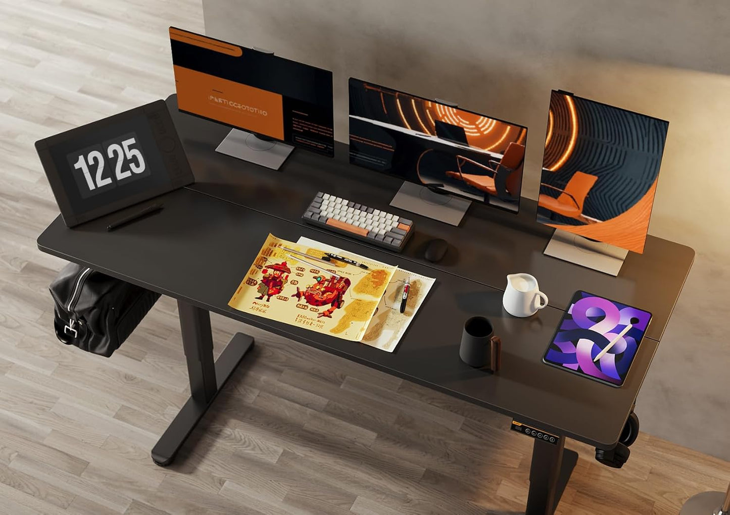 Claiks Electric Standing Desk, Adjustable Height Stand up Desk, 63x24 Inches Sit Stand Home Office Desk with Splice Board, Black Frame/Black Top