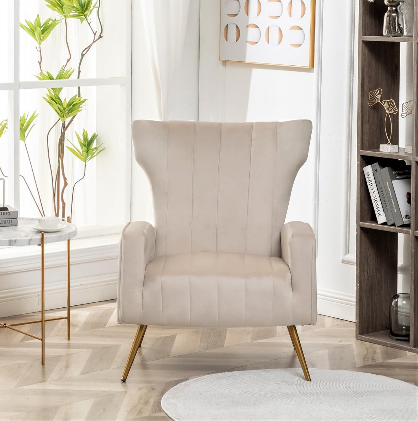 Container Furniture Direct Modern Velvet Accent Chair, Channel Tufted Bedroom, Office or Living Room Furniture with Elegant Metal Legs, 26" Wide Armchair, Beige