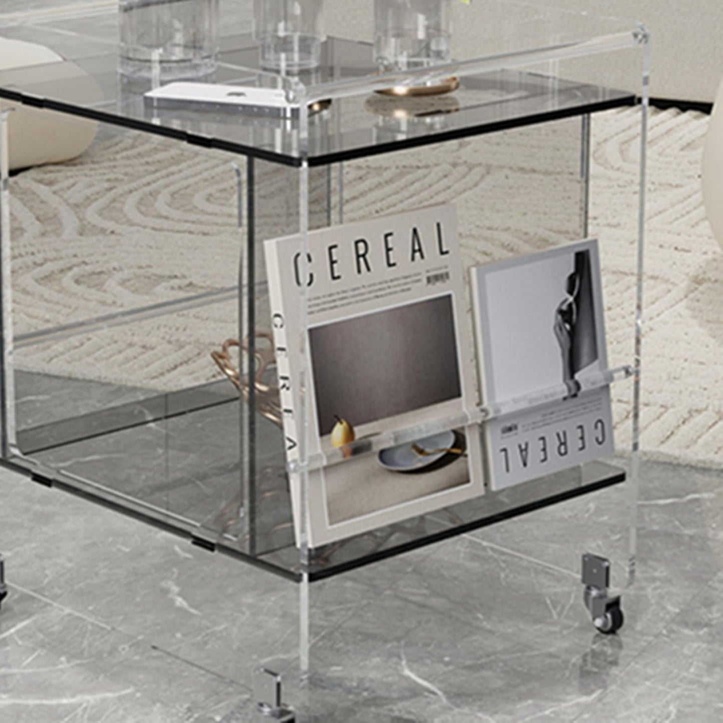 Transparent Acrylic Mobile Side Table with Wheels - Multifunctional Storage & Stylish Home Decor (Grey)